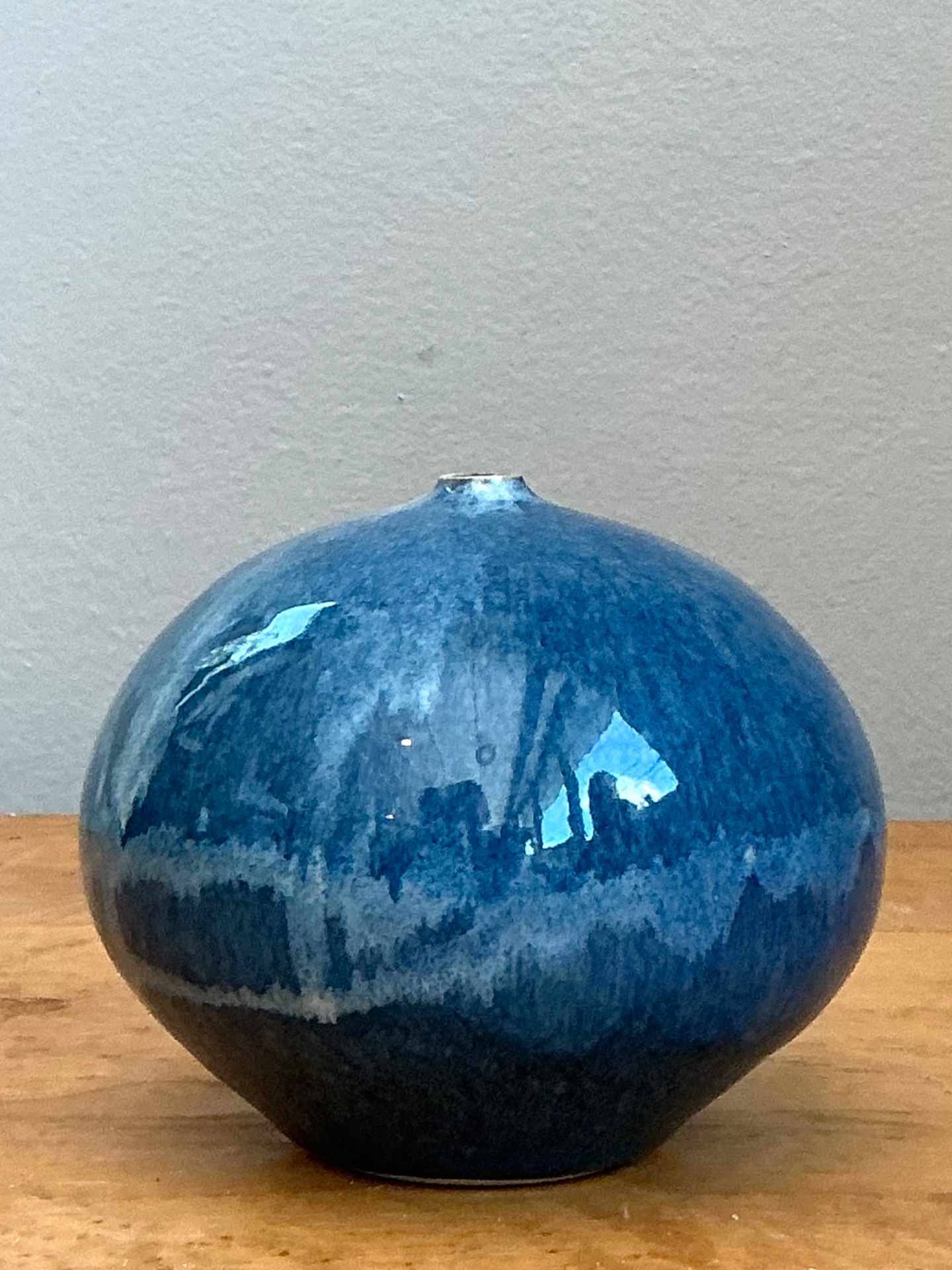 Vintage Blue Glazed Ceramic Vase - Ceramic, 4.25W x 3.75H - Top view