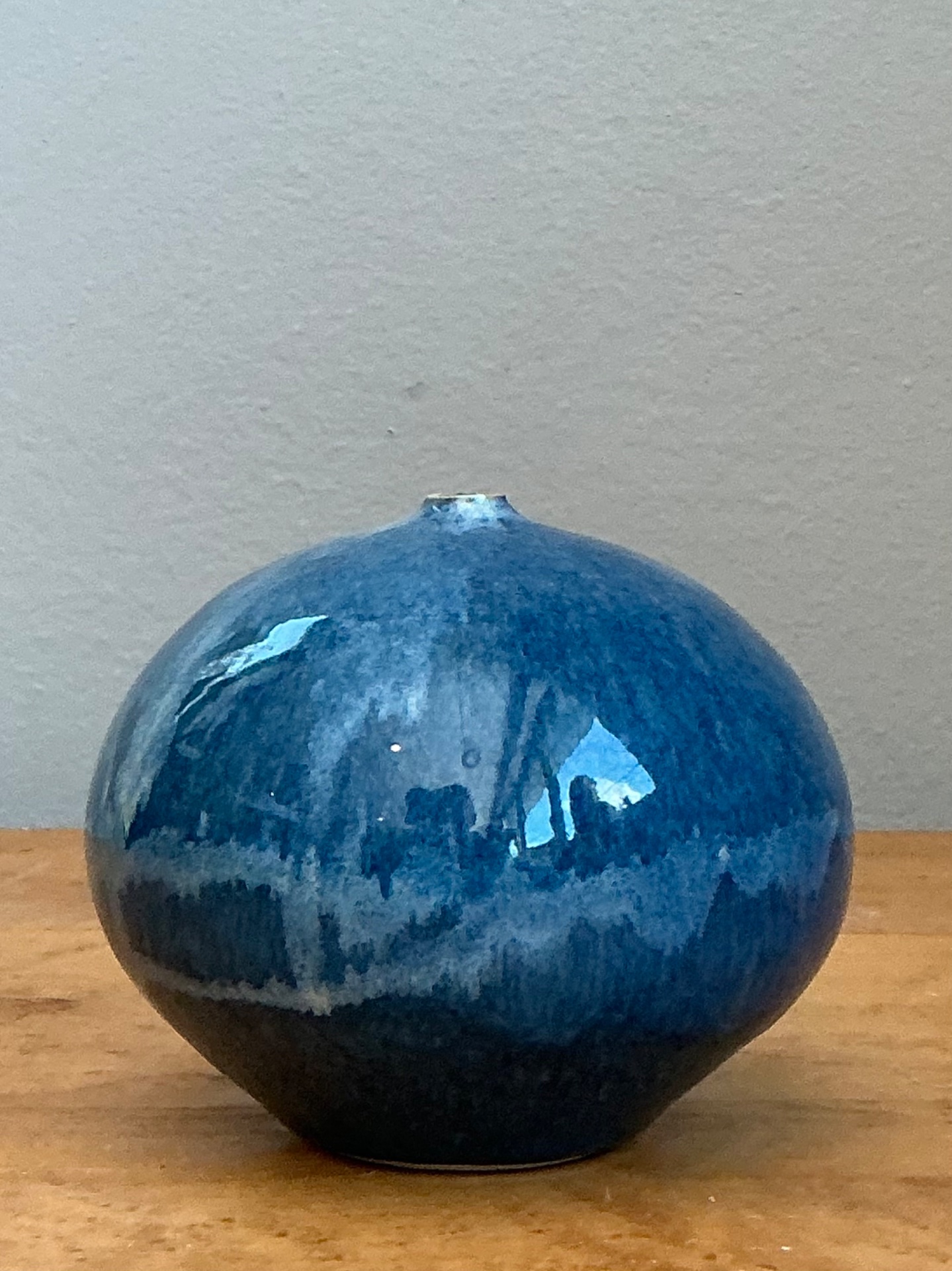 Vintage Blue Glazed Ceramic Vase - Ceramic, 4.25W x 3.75H - Detail view