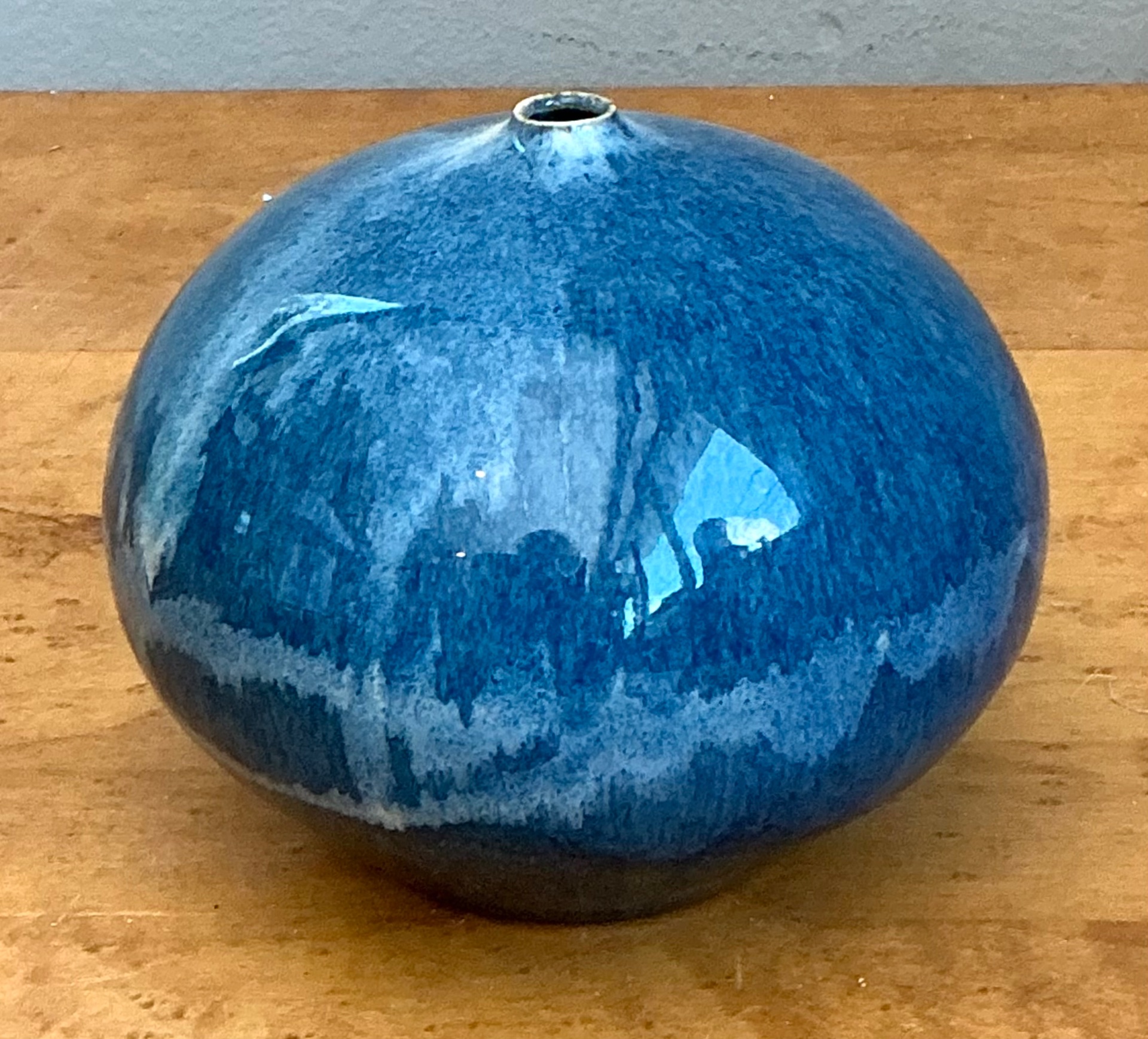 Vintage Blue Glazed Ceramic Vase - Ceramic, 4.25W x 3.75H - Side view