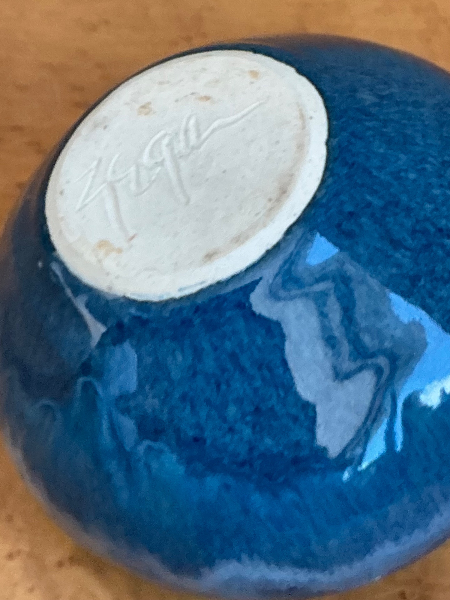Vintage Blue Glazed Ceramic Vase - Ceramic, 4.25W x 3.75H - Back view