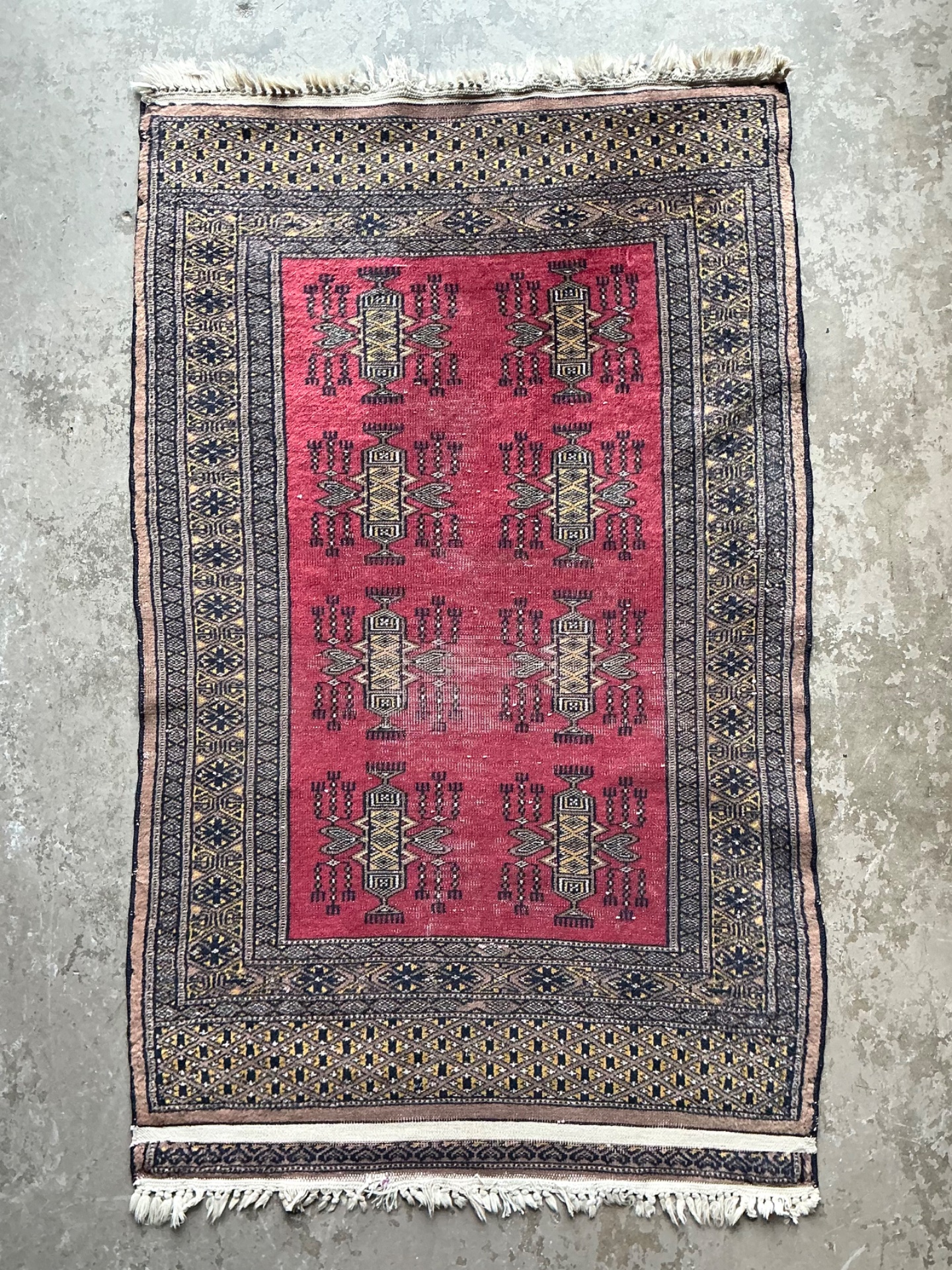 Vintage Hand-Knotted Geometric Wool Rug - Back view