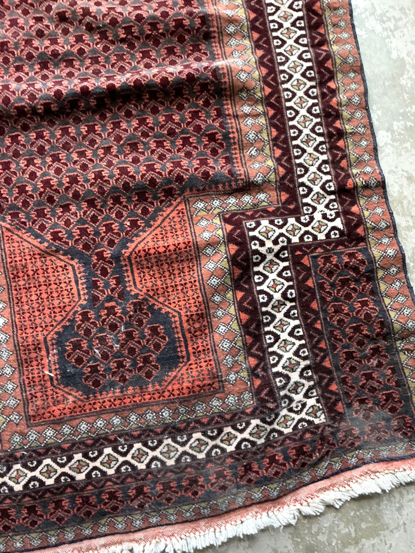 Vintage Hand-Knotted Geometric Wool Rug - Back view