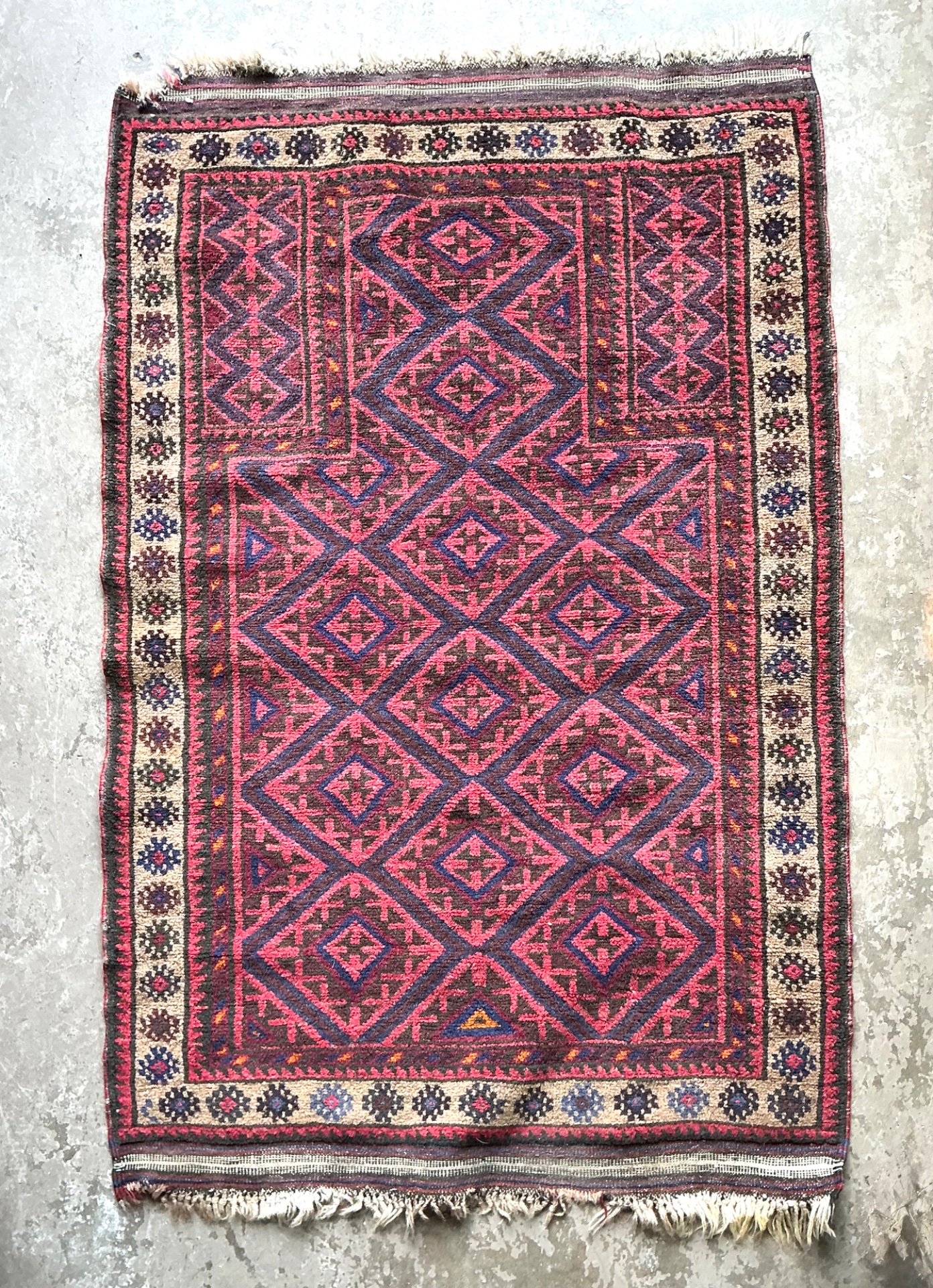 Vintage Hand-Knotted Wool Geometric Rug - Top view