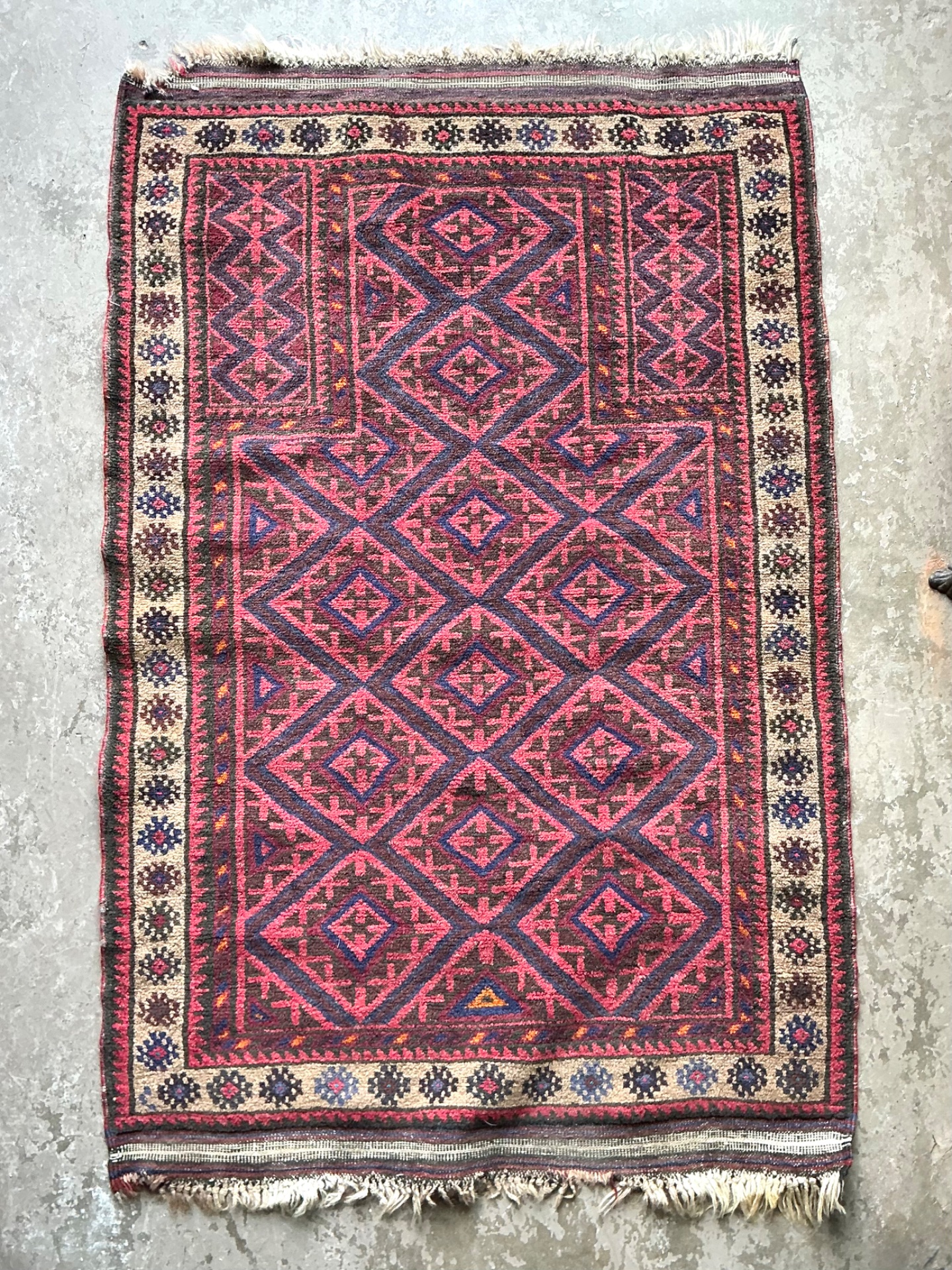 Vintage Hand-Knotted Wool Geometric Rug - Back view