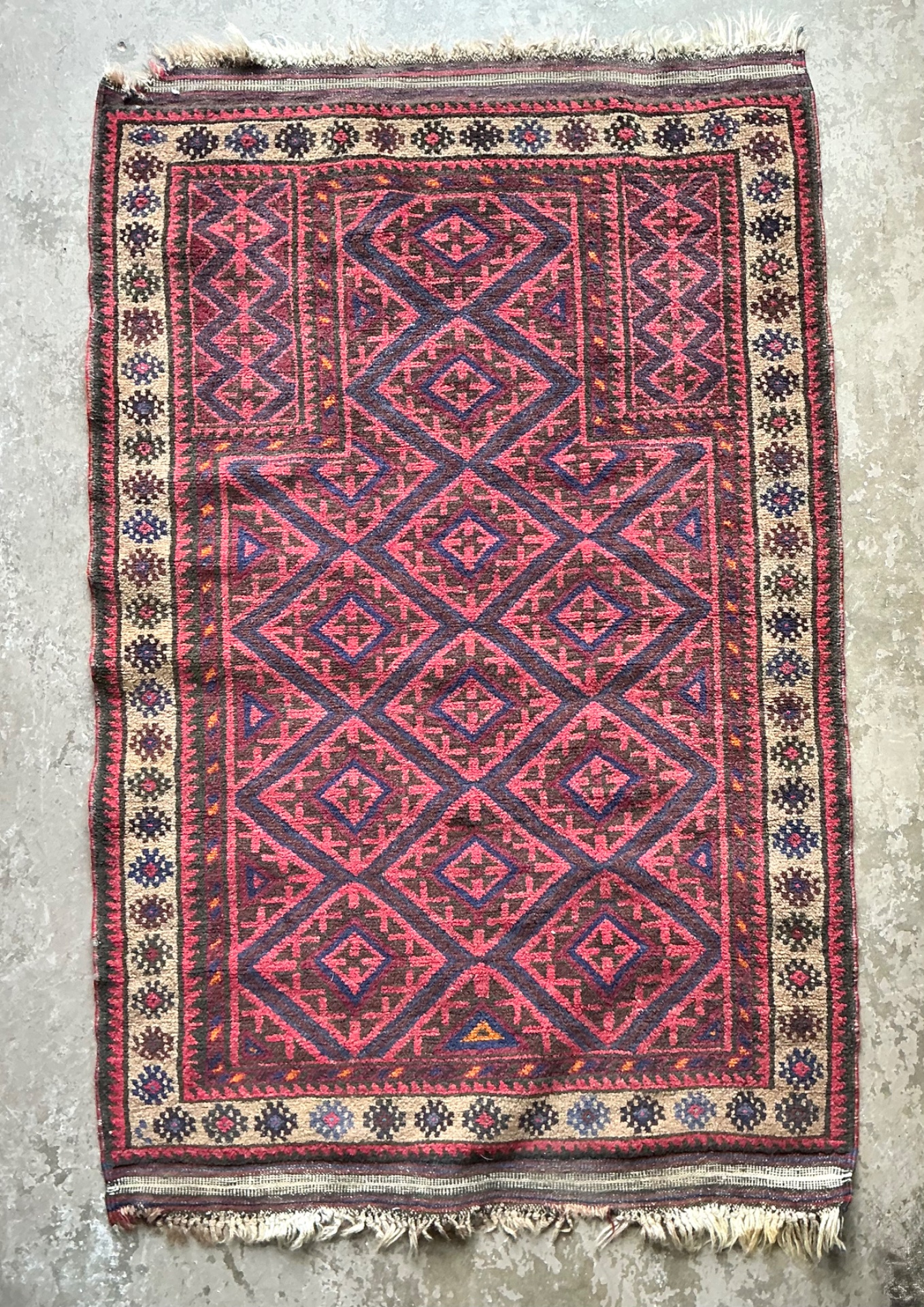 Vintage Hand-Knotted Wool Geometric Rug - Top view
