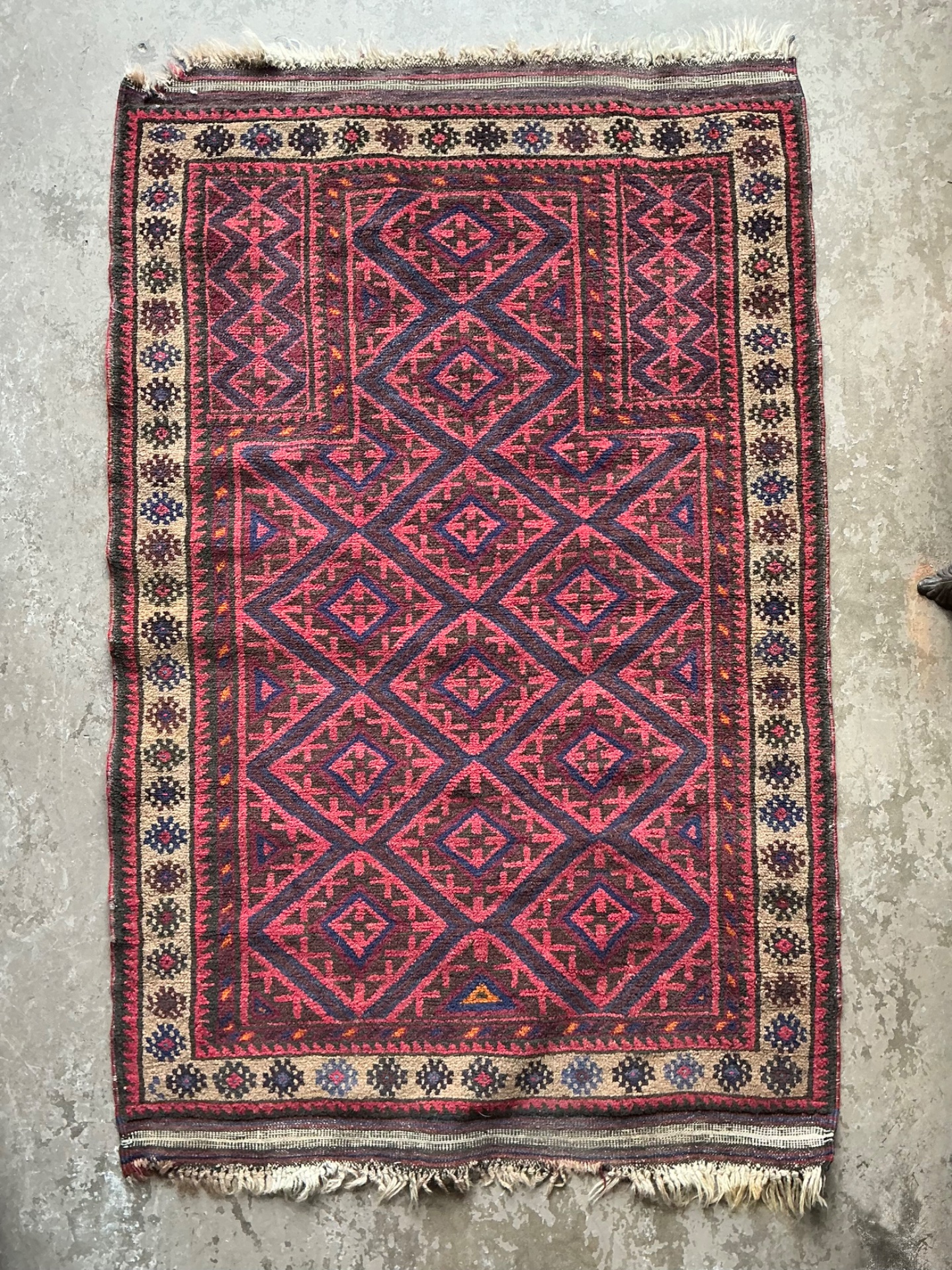 Vintage Hand-Knotted Wool Geometric Rug - Side view