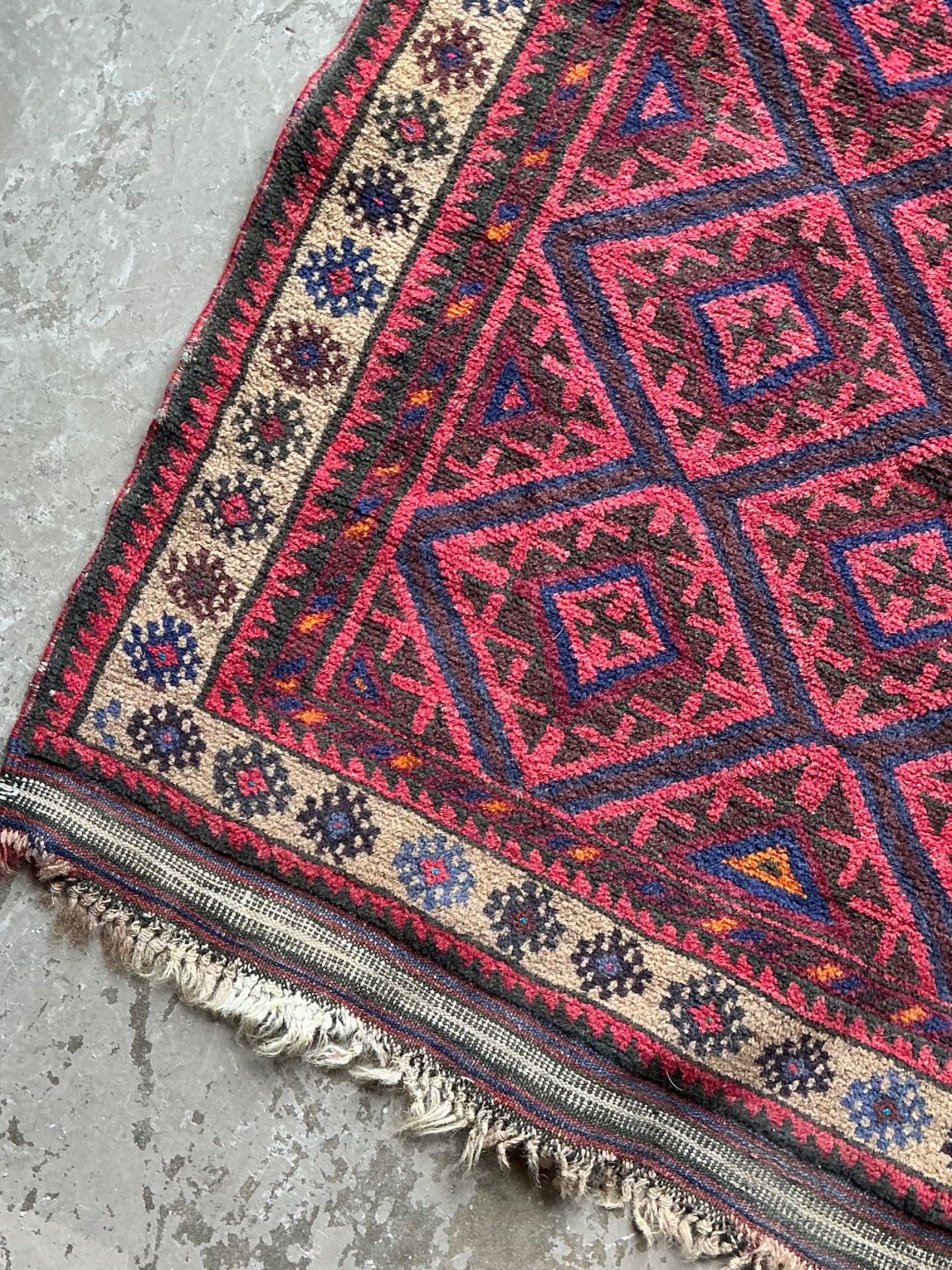 Vintage Hand-Knotted Wool Geometric Rug - Side view