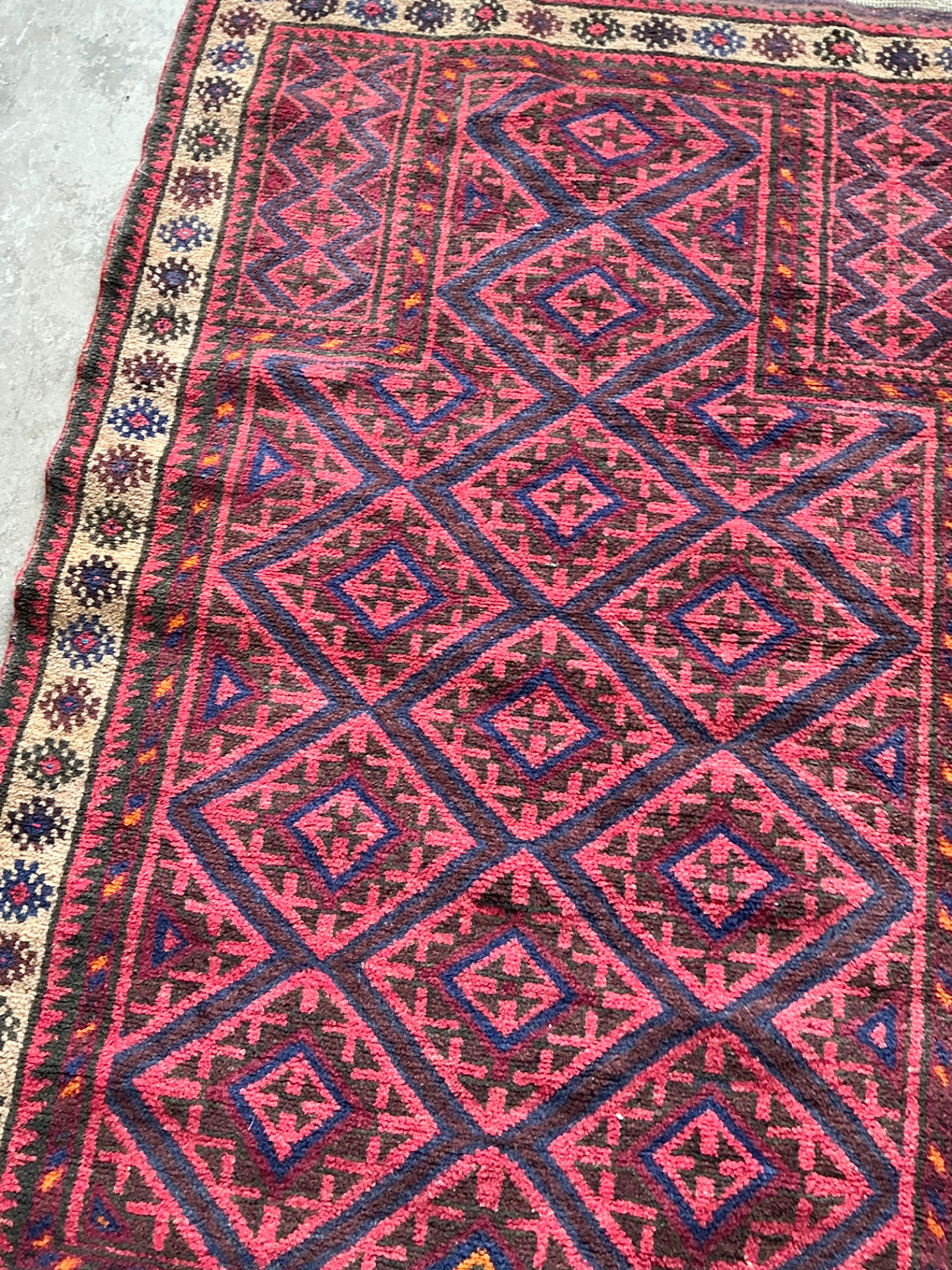 Vintage Hand-Knotted Wool Geometric Rug - Back view