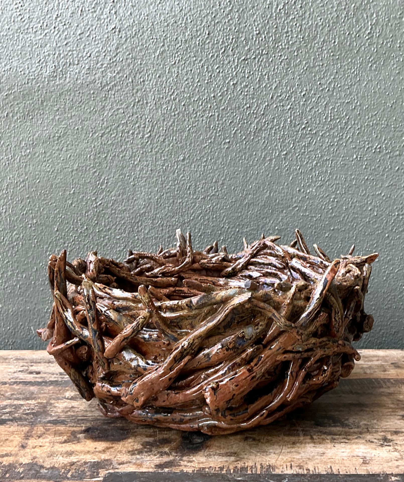 Vintage Rustic Brown Ceramic Twig Bowl - Top view