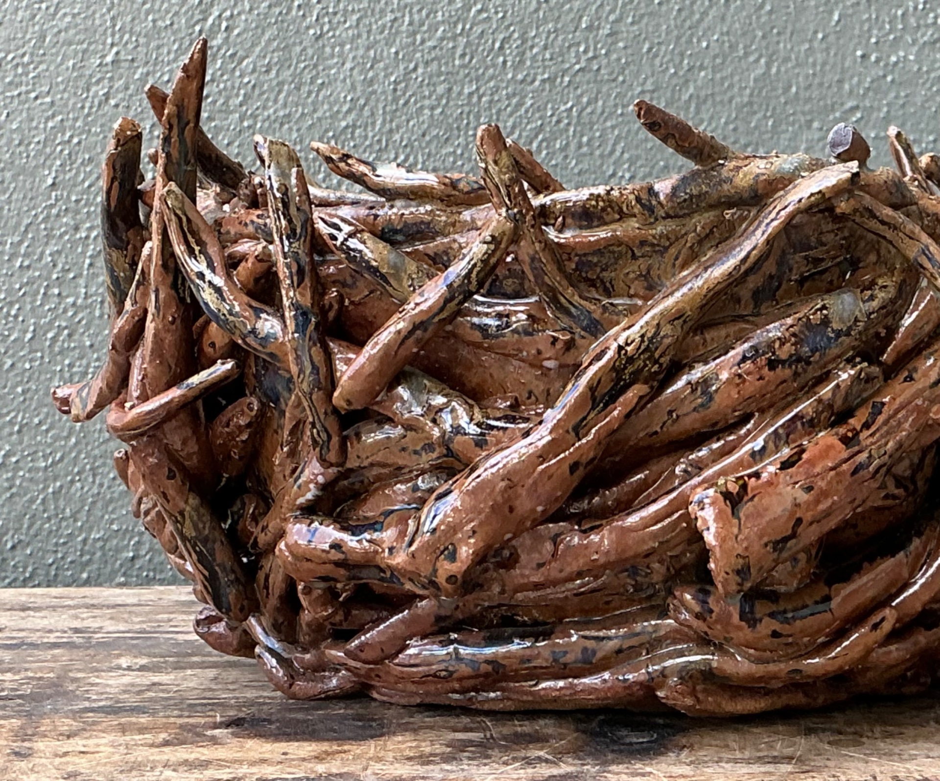 Vintage Rustic Brown Ceramic Twig Bowl - Side view