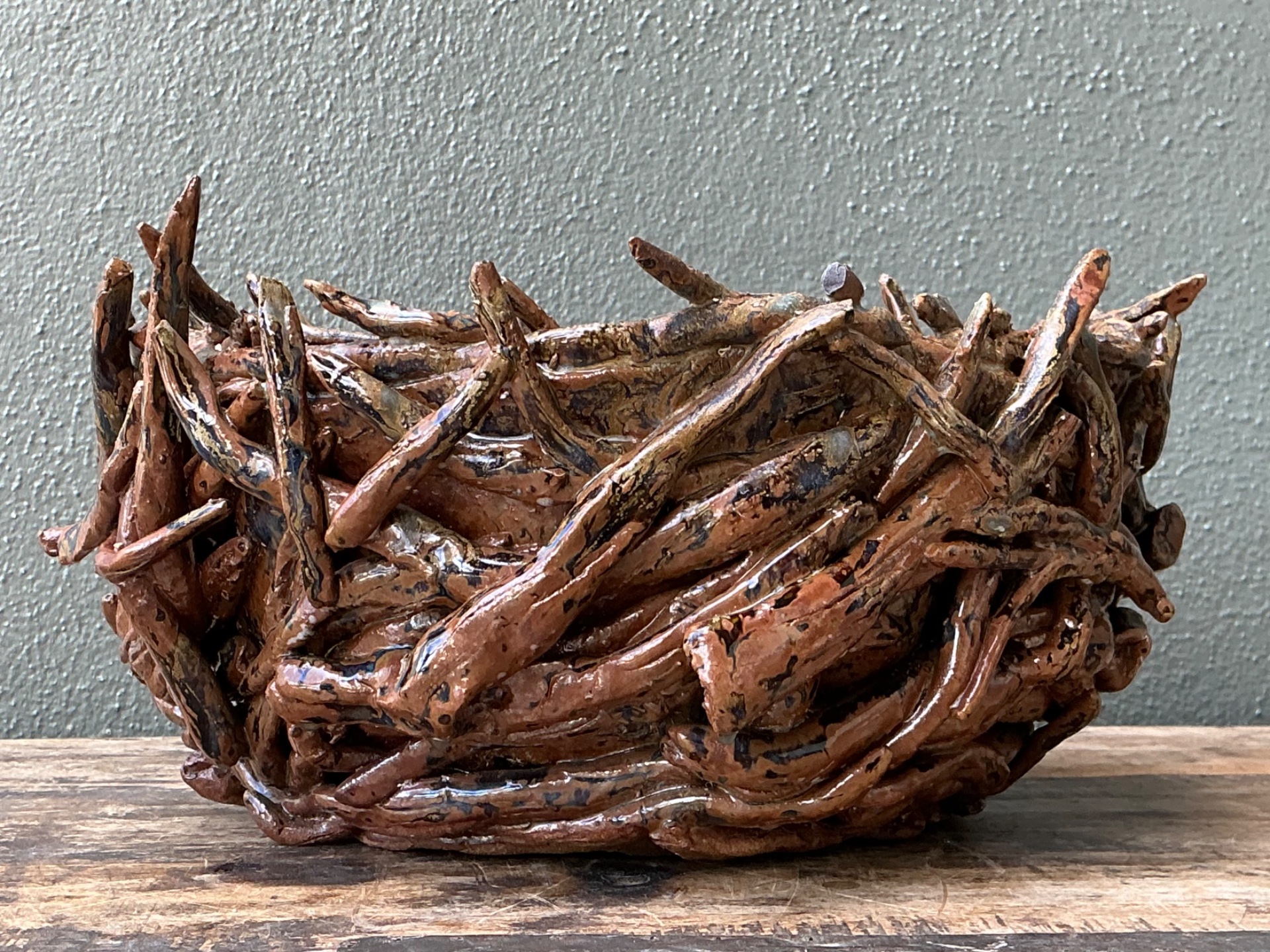 Vintage Rustic Brown Ceramic Twig Bowl - Detail view