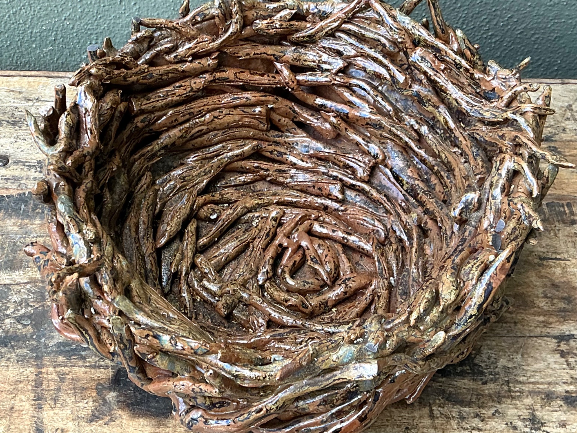 Vintage Rustic Brown Ceramic Twig Bowl - Back view