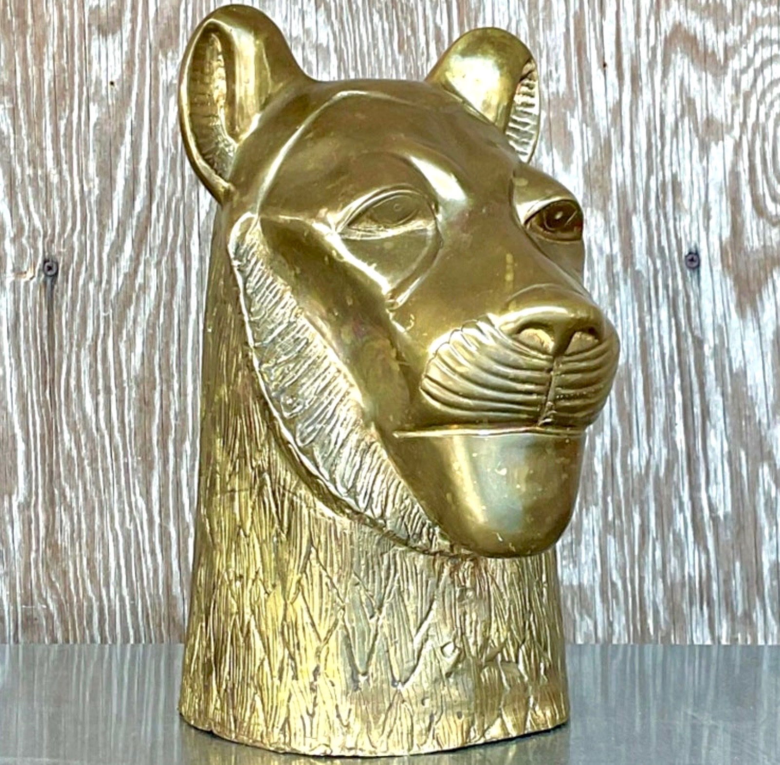 Vintage Brass Tiger Head Sculpture - Detail view