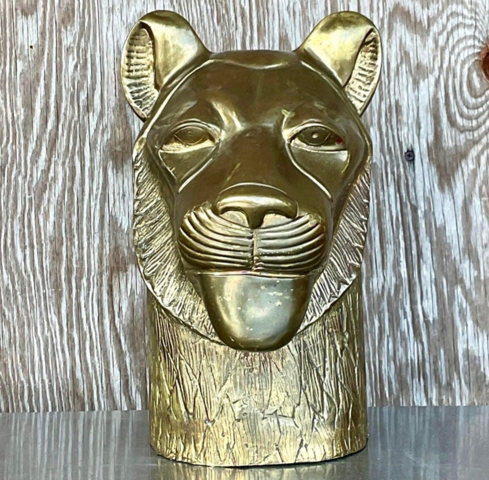 Vintage Brass Tiger Head Sculpture - Side view