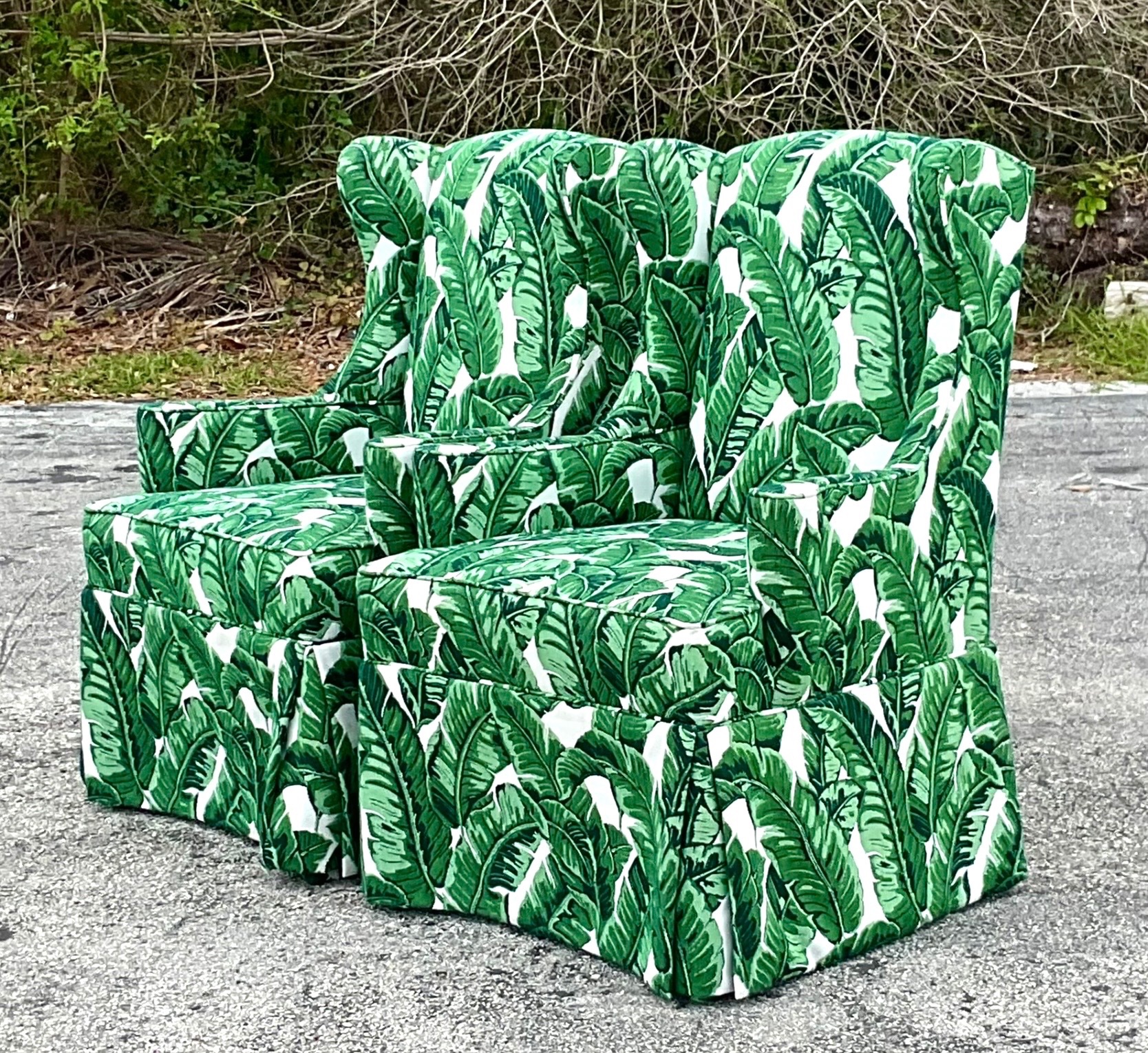 Vintage Coastal Palm Frond Skirted Wingback Chairs - a Pair - Back view