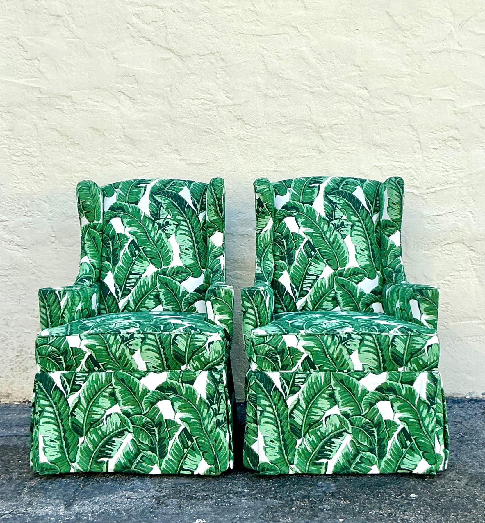 Vintage Coastal Palm Frond Skirted Wingback Chairs - a Pair - Detail view