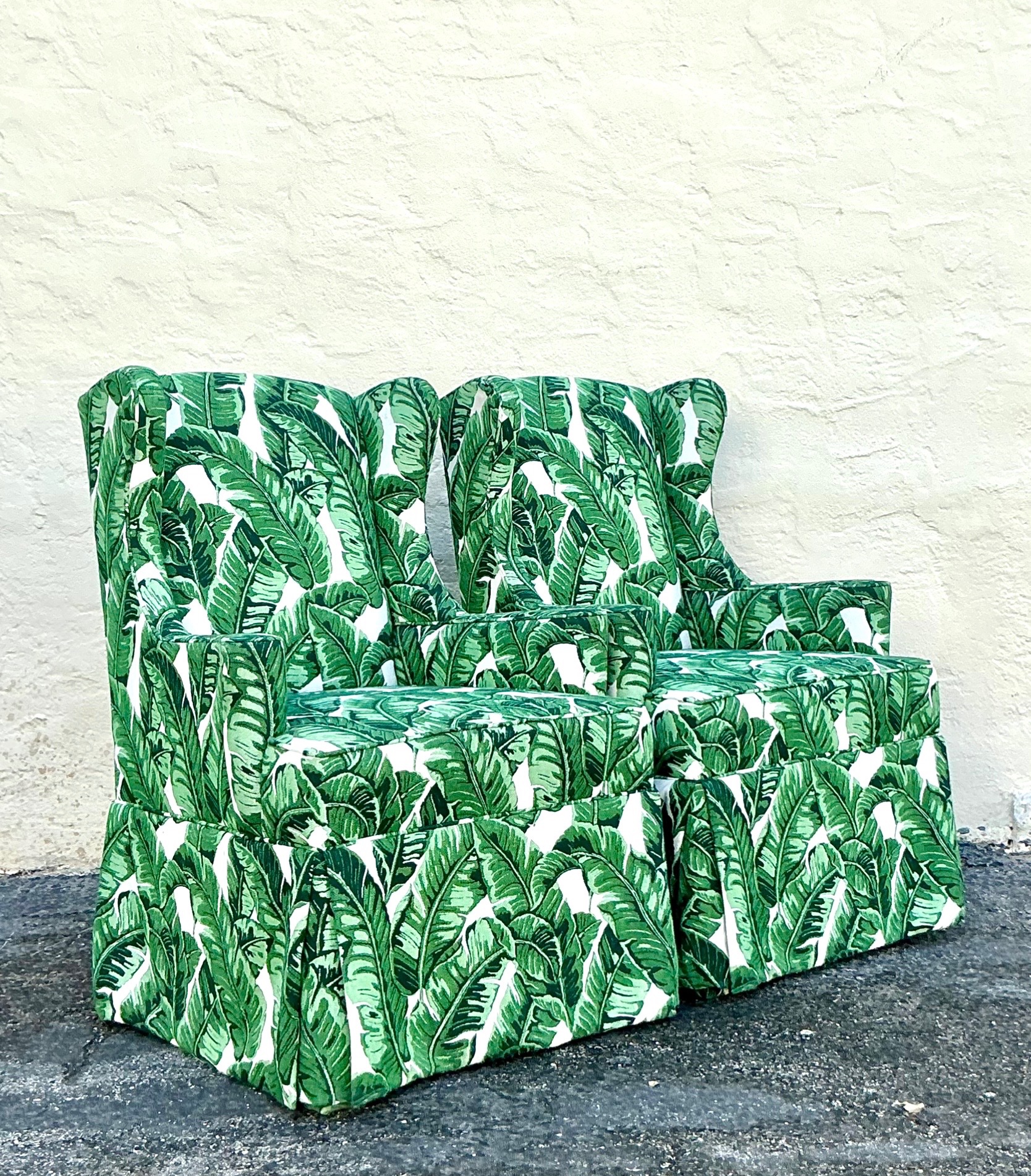 Vintage Coastal Palm Frond Skirted Wingback Chairs - a Pair - Top view