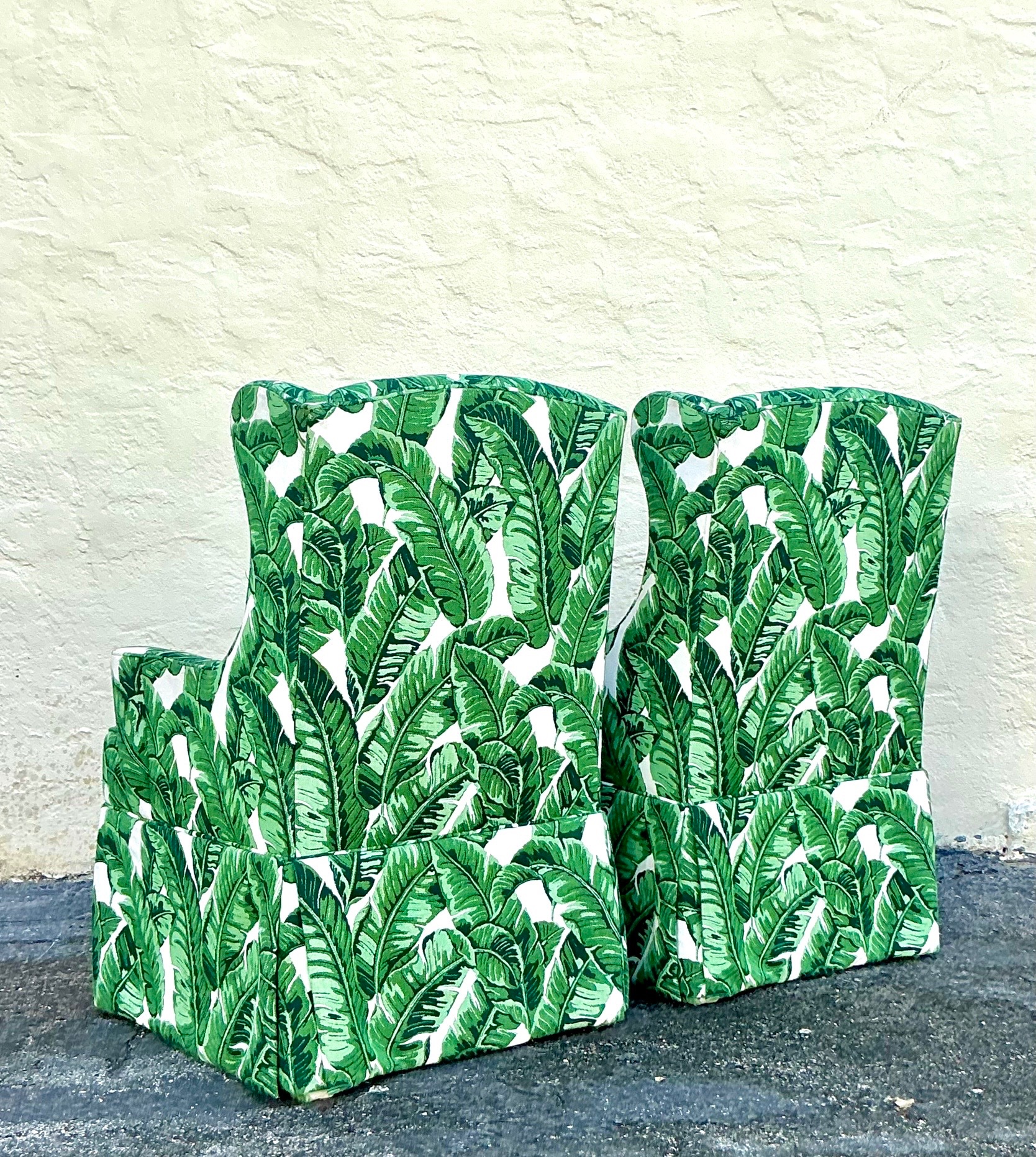 Vintage Coastal Palm Frond Skirted Wingback Chairs - a Pair - Side view