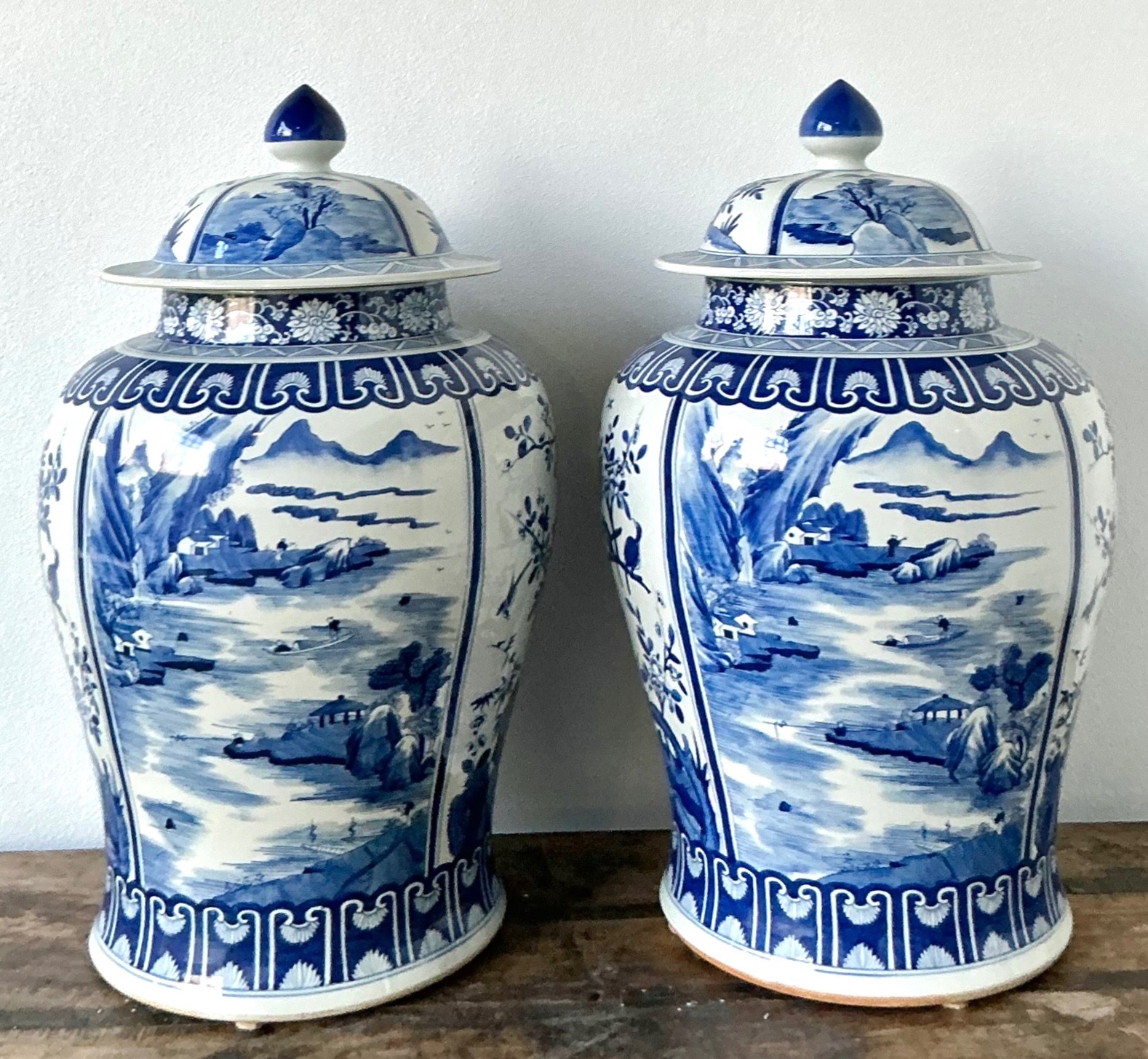 Vintage Boho Monumental Blue and White Lidded Ginger Jars - A Pair - Side view