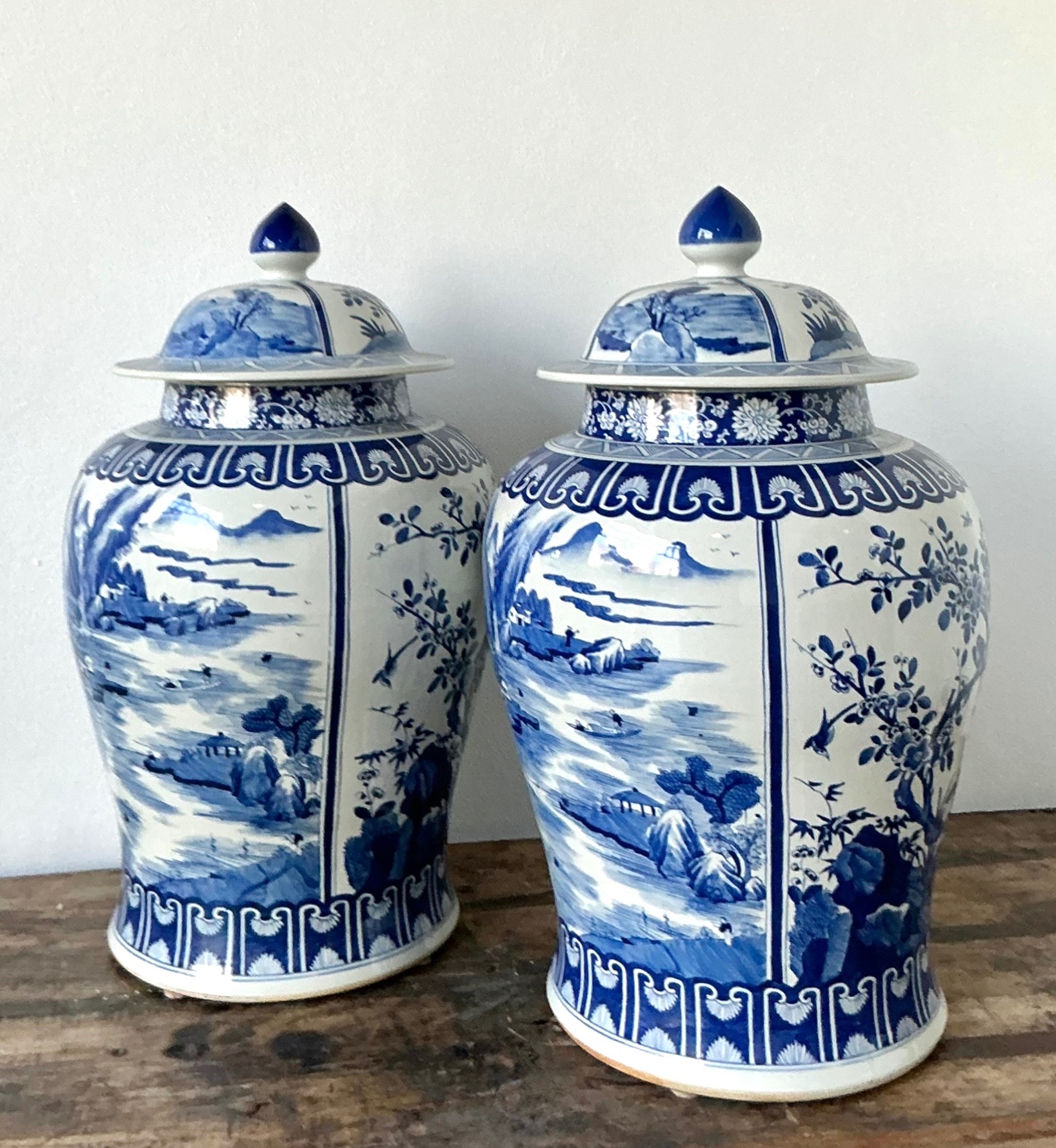 Vintage Boho Monumental Blue and White Lidded Ginger Jars - A Pair - Detail view