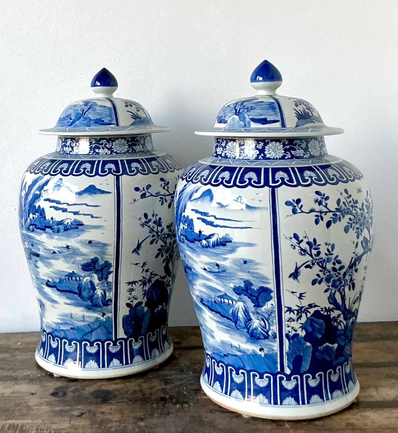 Vintage Boho Monumental Blue and White Lidded Ginger Jars - A Pair - Back view
