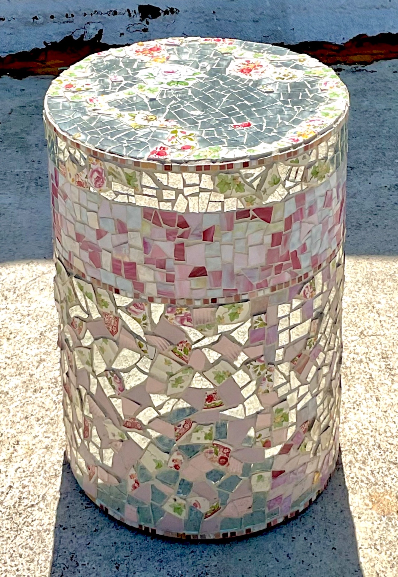 Vintage Boho Glass and Ceramic Mosaic Dining Table Pedestal - Side view
