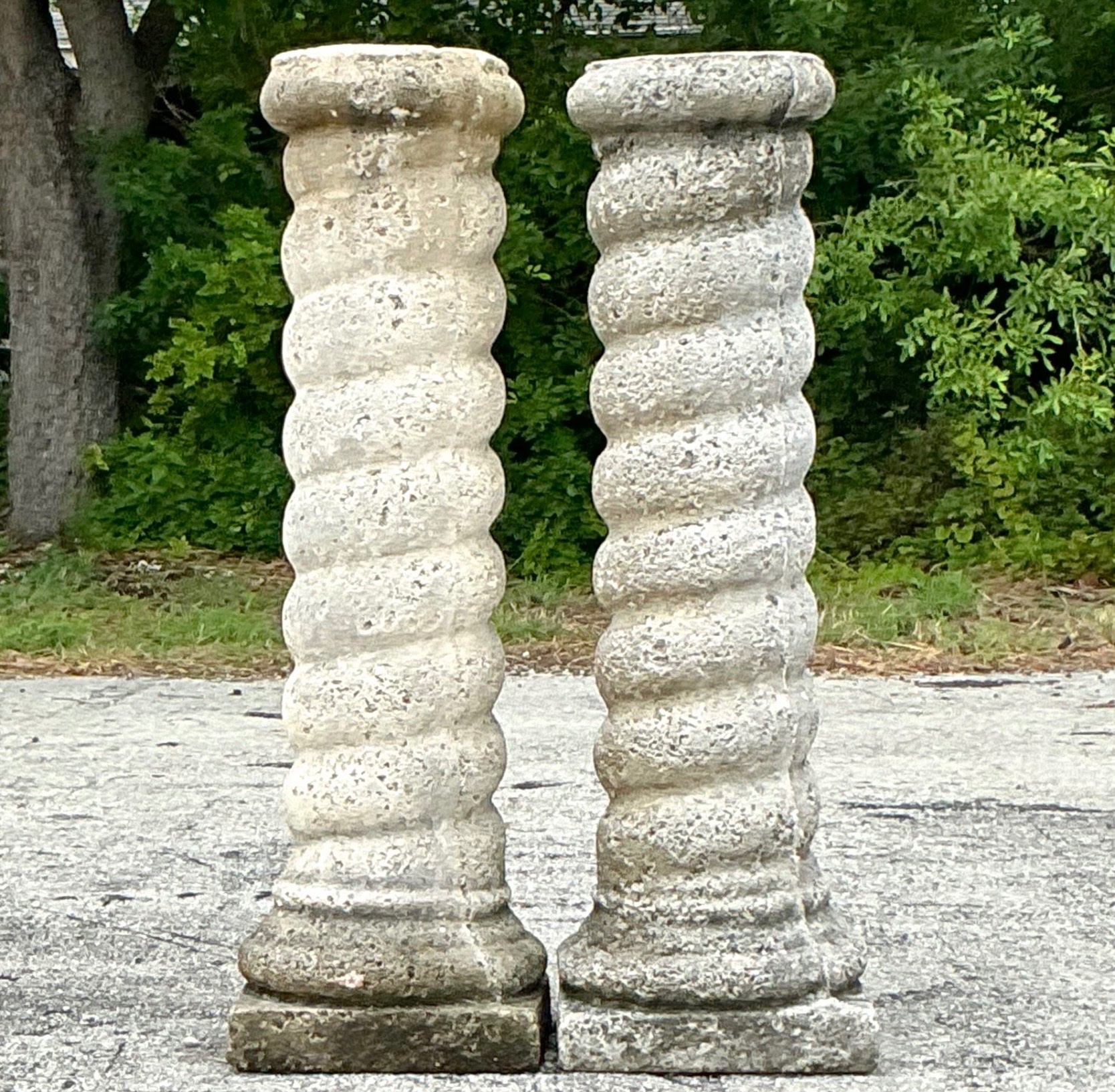 Vintage Regency Cast Concrete Spiral Columns - a Pair - Top view