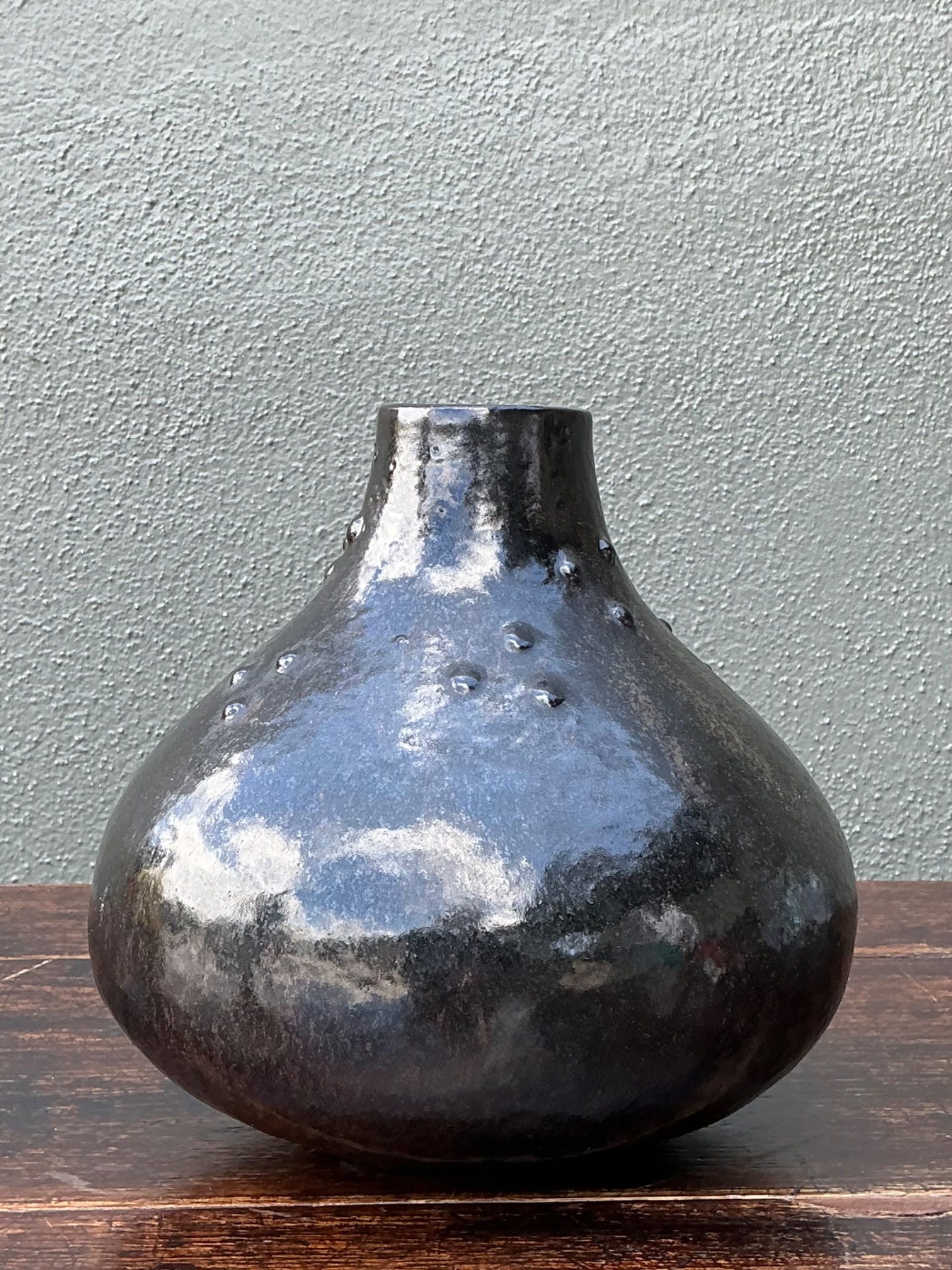 Vintage Black Textured Ceramic Vase - Top view