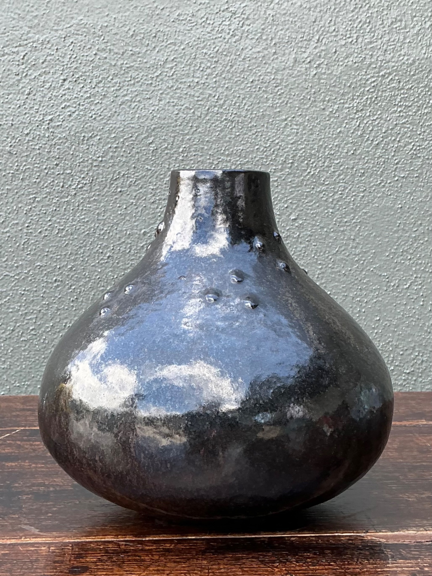 Vintage Black Textured Ceramic Vase - Back view