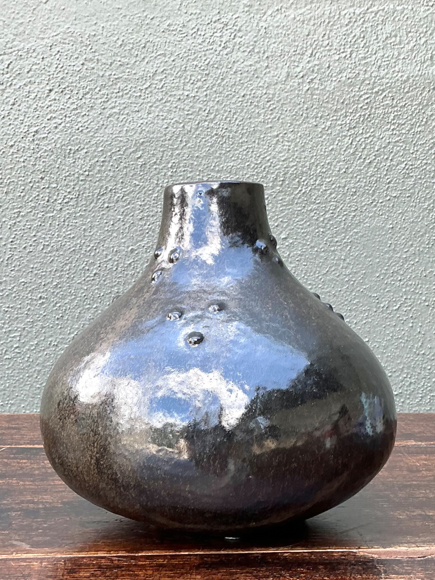 Vintage Black Textured Ceramic Vase - Top view