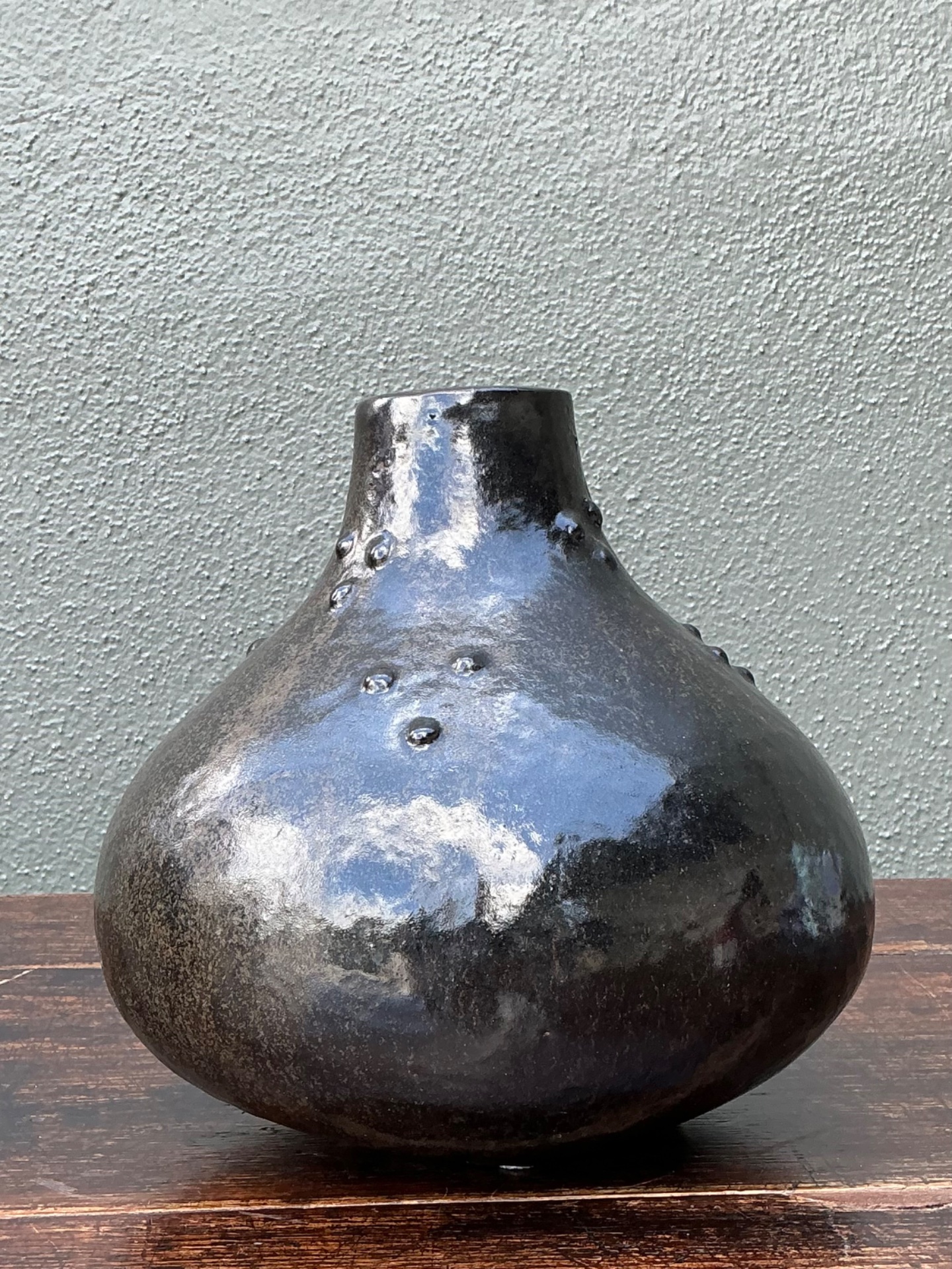 Vintage Black Textured Ceramic Vase - Side view