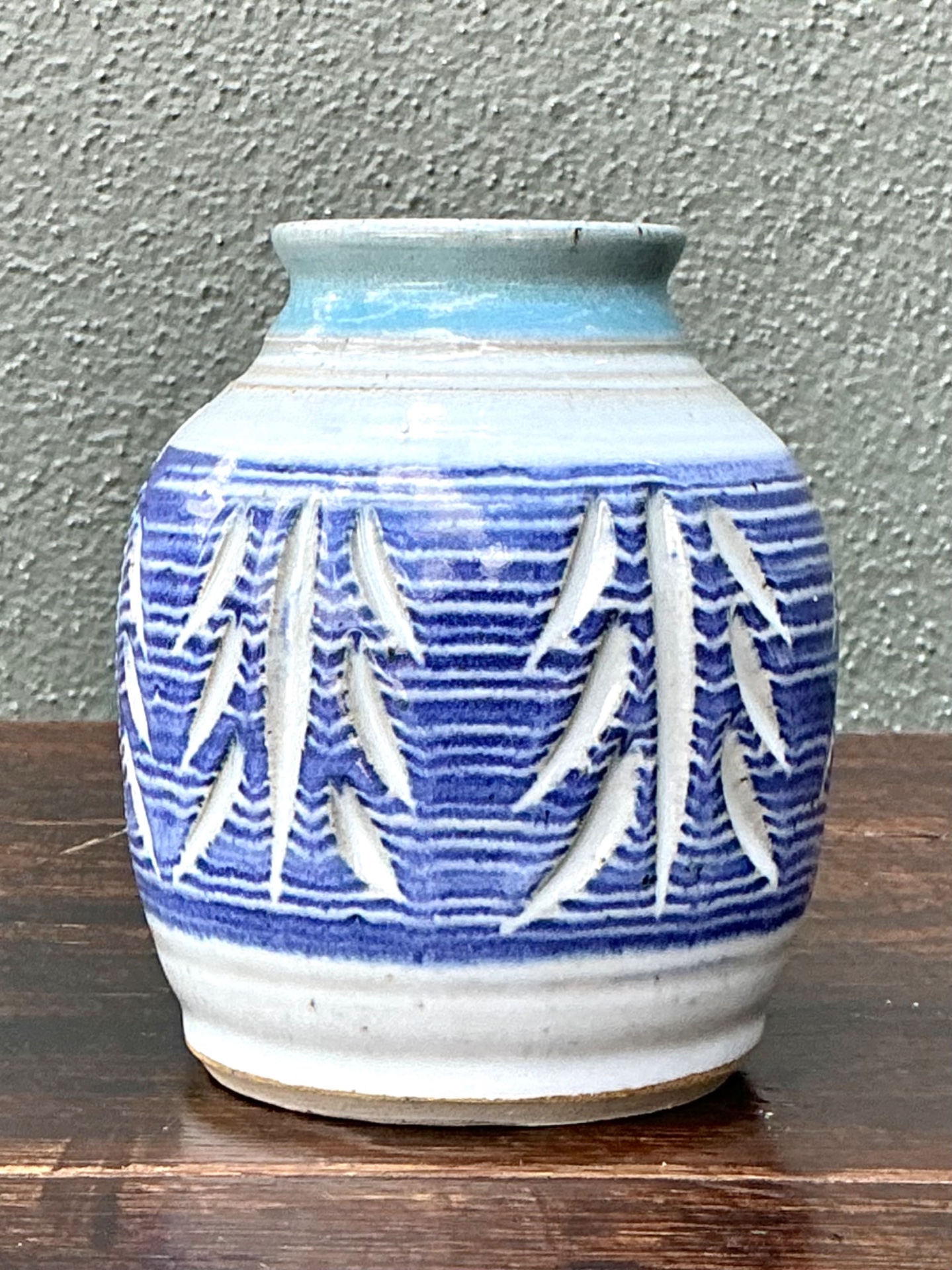 Handcrafted Blue Ceramic Leaf Motif Vase - Back view