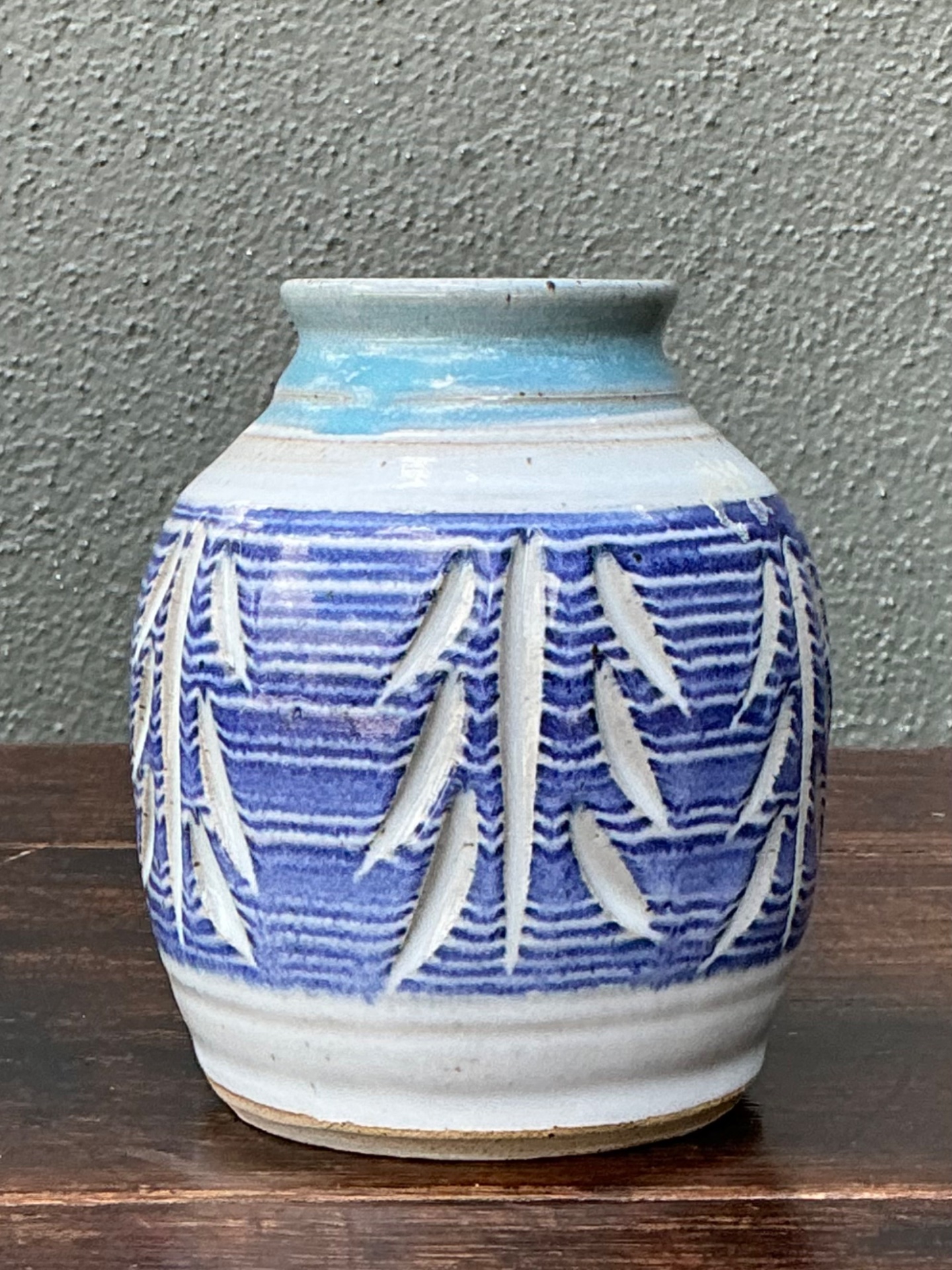 Handcrafted Blue Ceramic Leaf Motif Vase - Top view