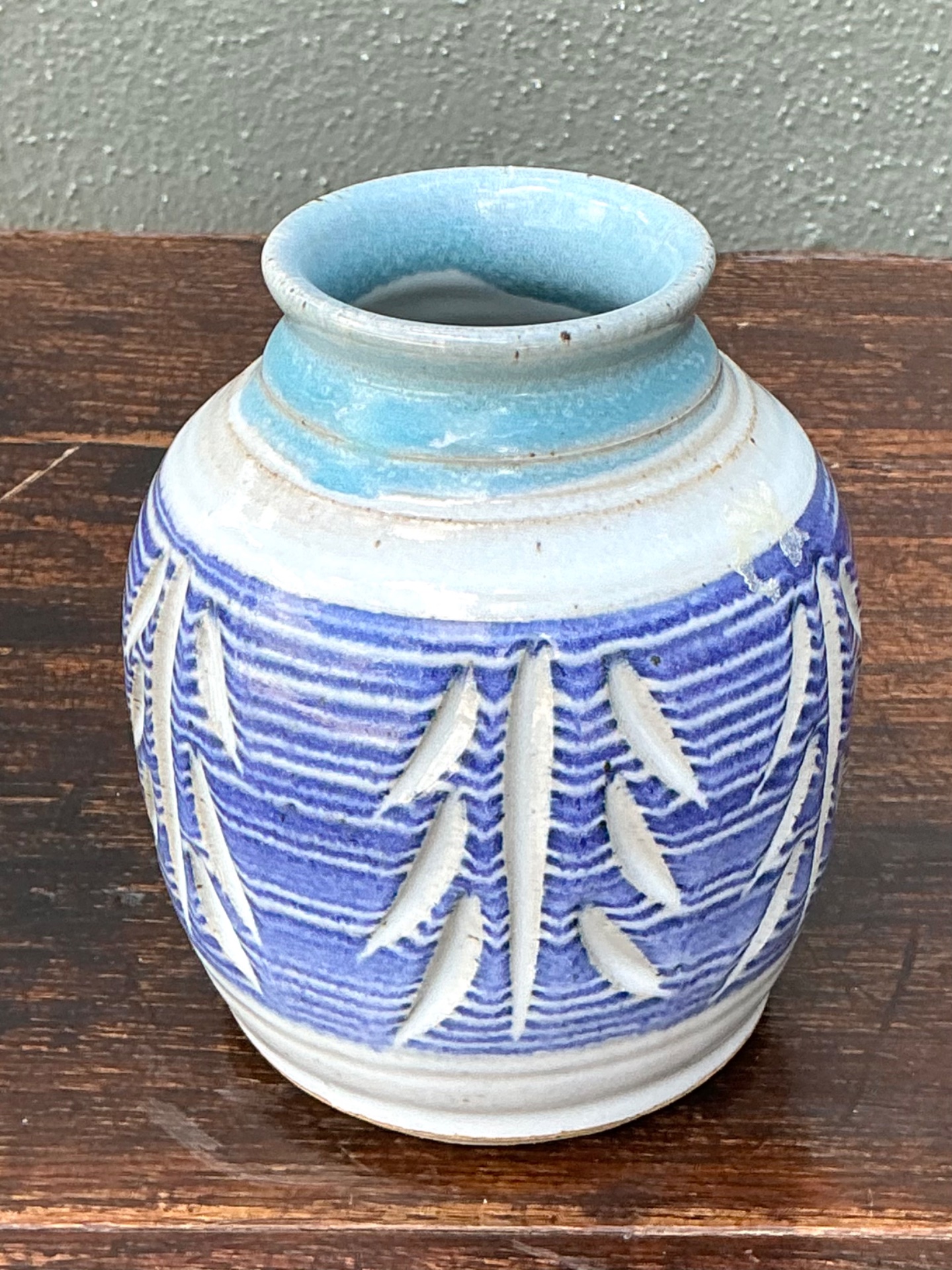 Handcrafted Blue Ceramic Leaf Motif Vase - Back view