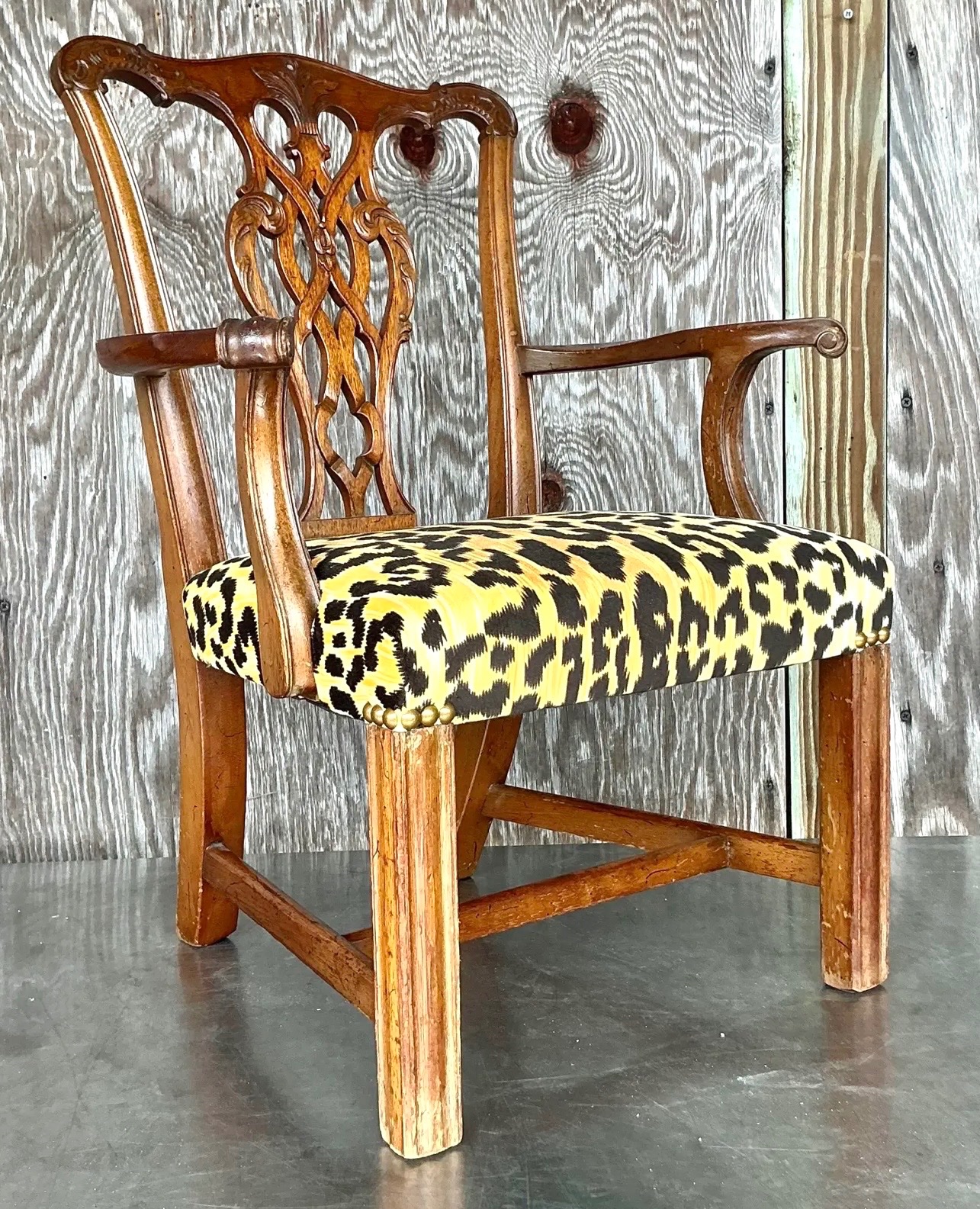 Vintage Boho Leopard Chippendale Petite Salon Chair - Top view