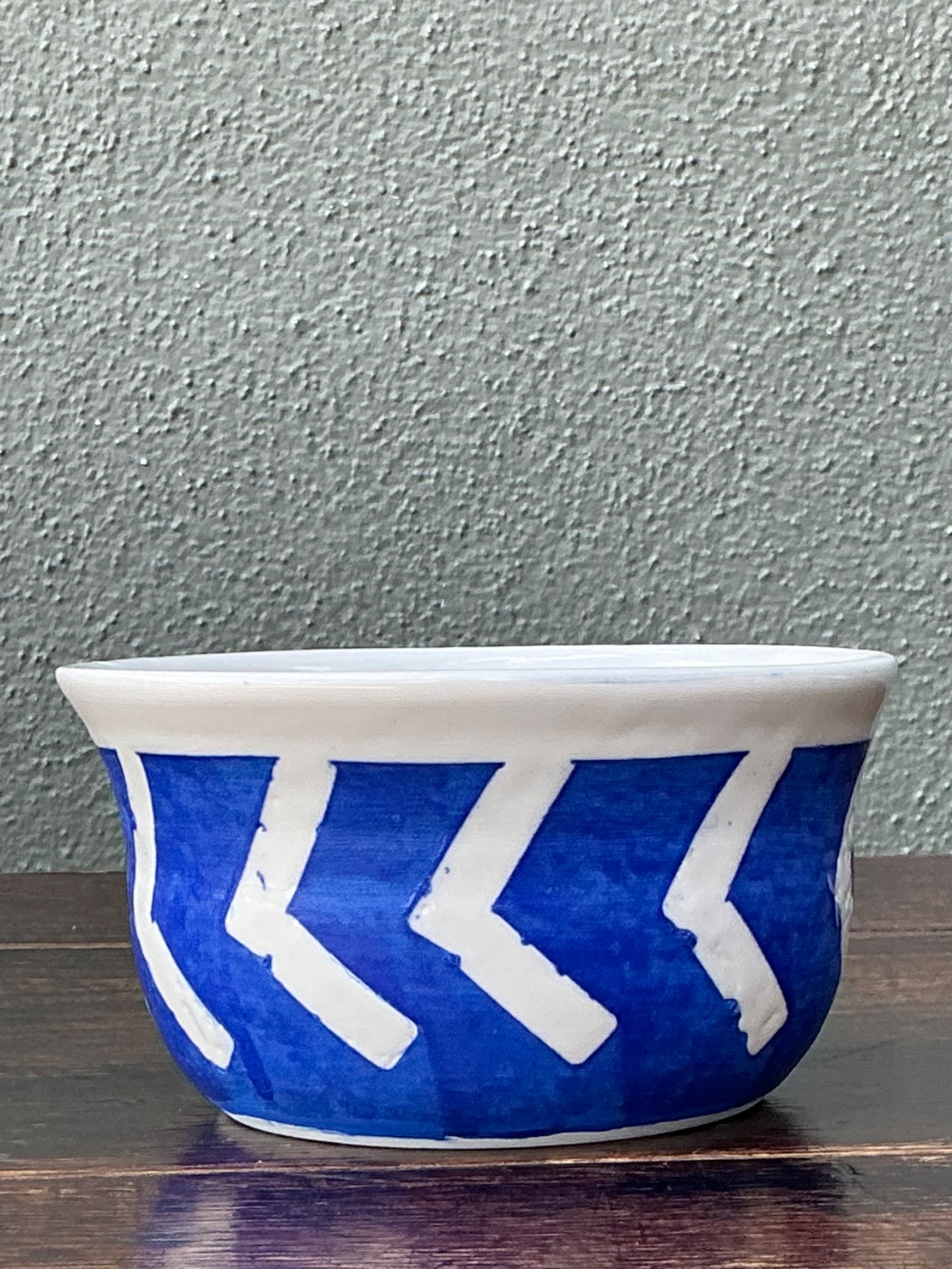 Hand-Painted Blue Geometric Ceramic Bowl - Side view