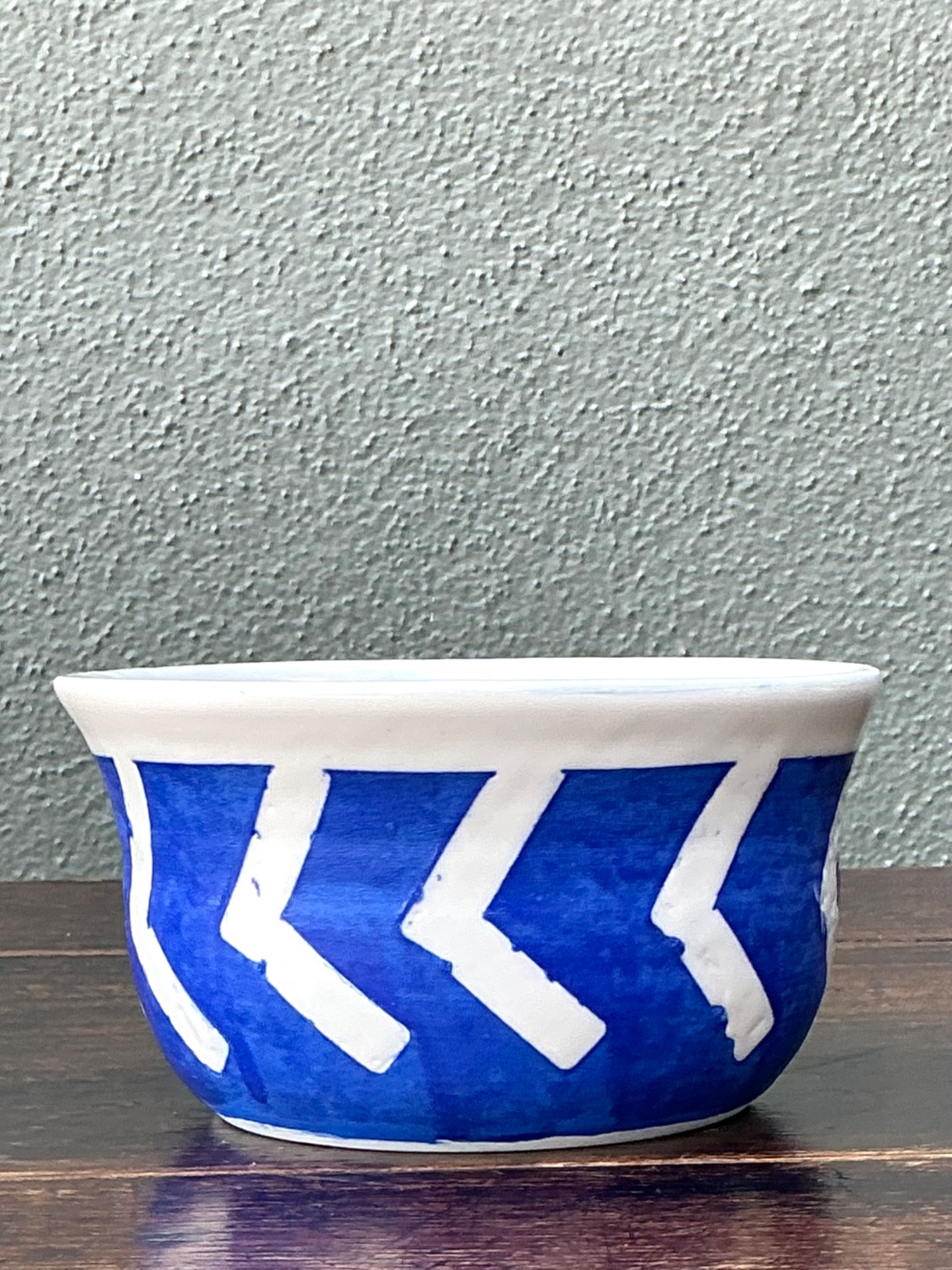 Hand-Painted Blue Geometric Ceramic Bowl - Top view