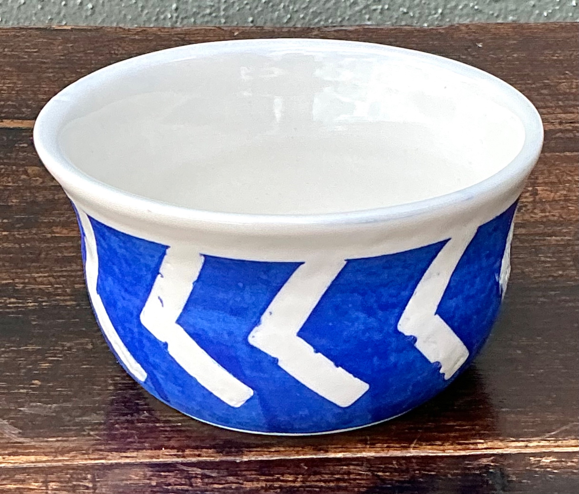 Hand-Painted Blue Geometric Ceramic Bowl - Side view