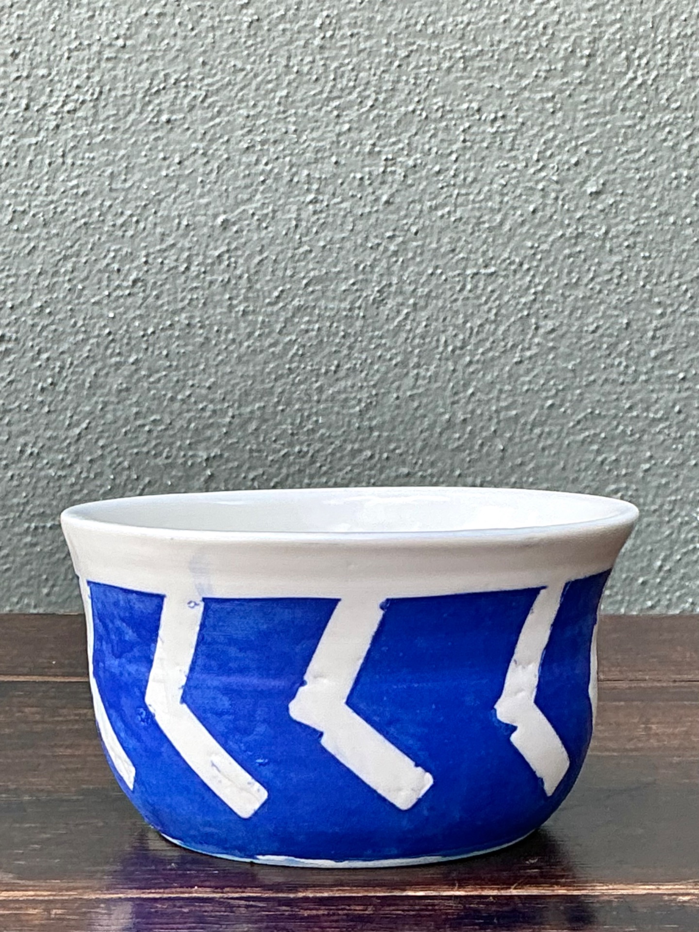 Hand-Painted Blue Geometric Ceramic Bowl - Top view