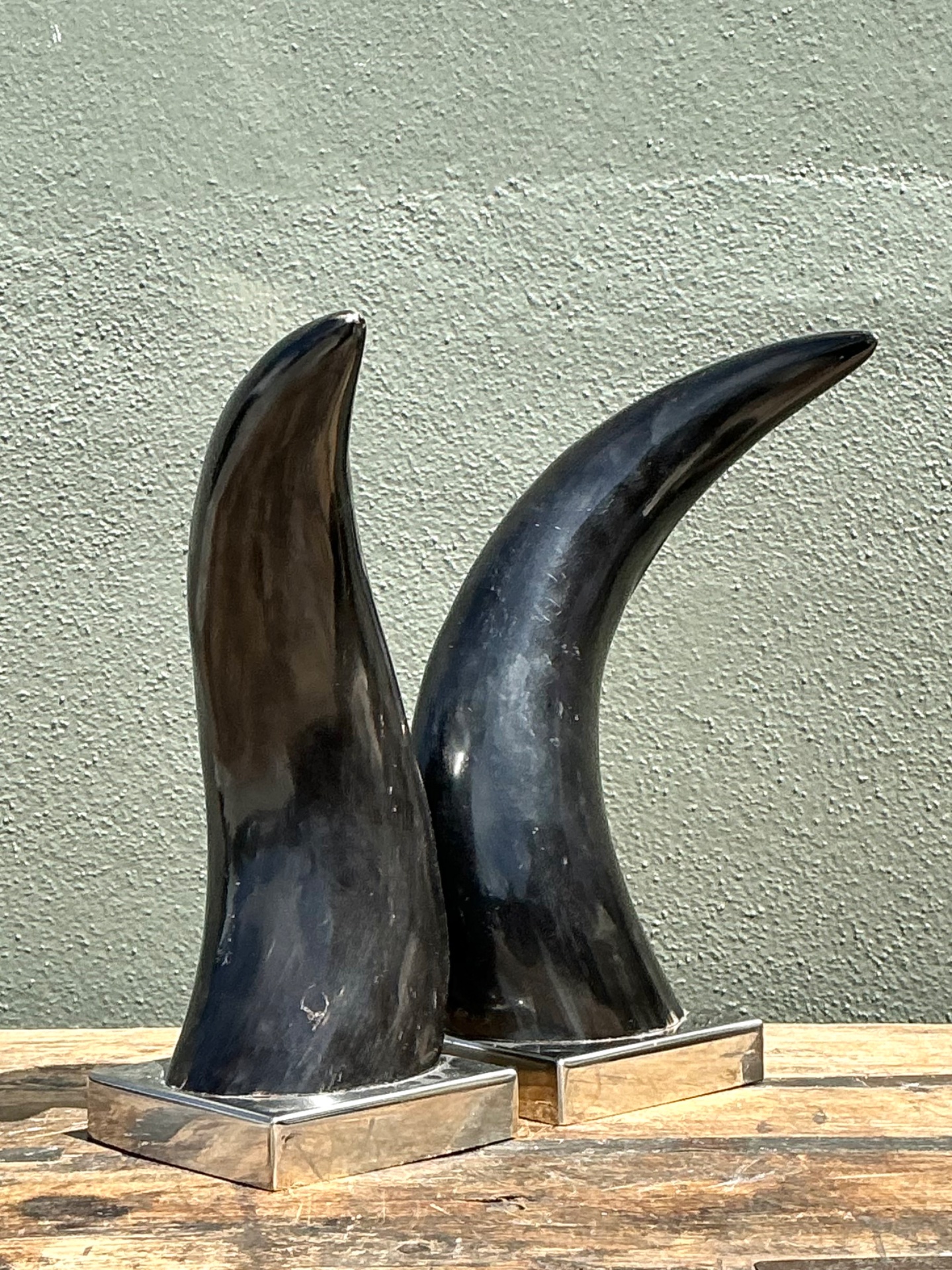 Vintage Natural Horns On Chrome Plinths - A Pair - Back view