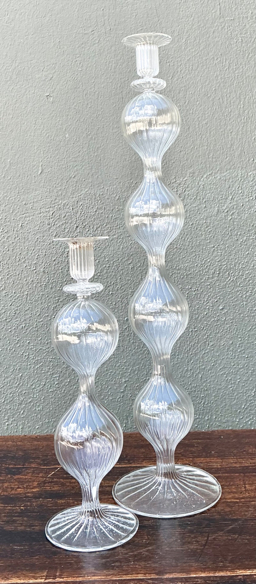 Vintage Ribbed Glass Candlestick Set - Top view
