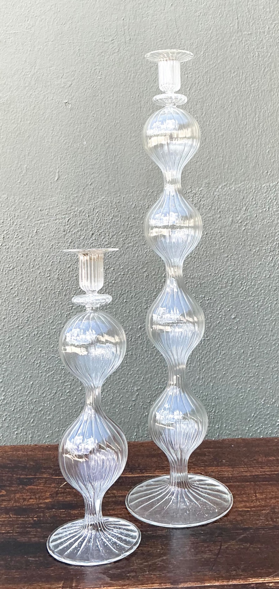 Vintage Ribbed Glass Candlestick Set - Detail view