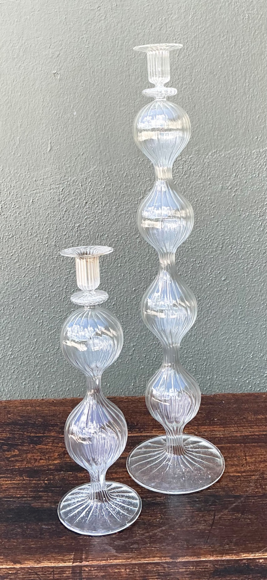 Vintage Ribbed Glass Candlestick Set - Side view