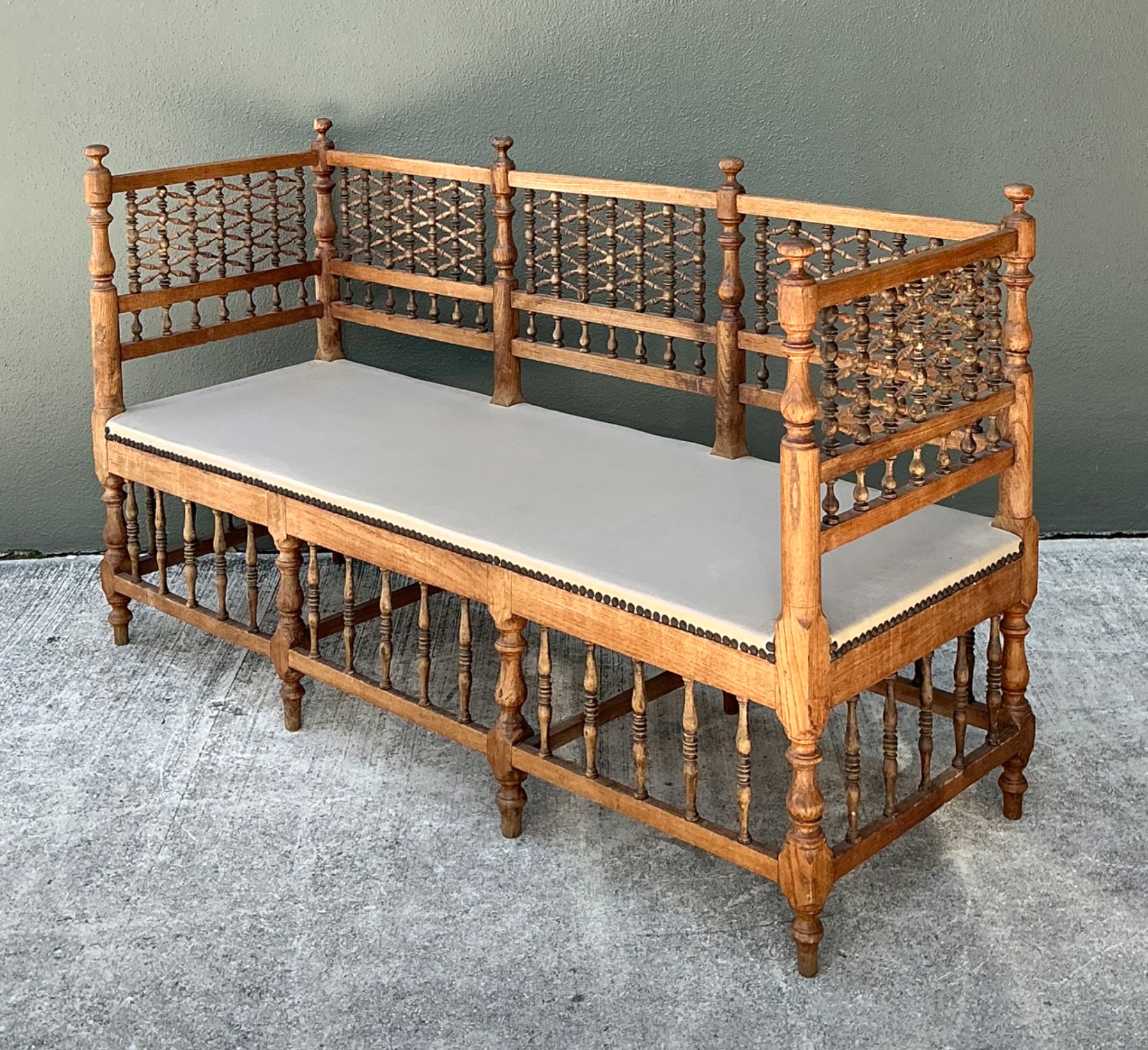 Vintage Carved Wood Spindle Bench - Side view