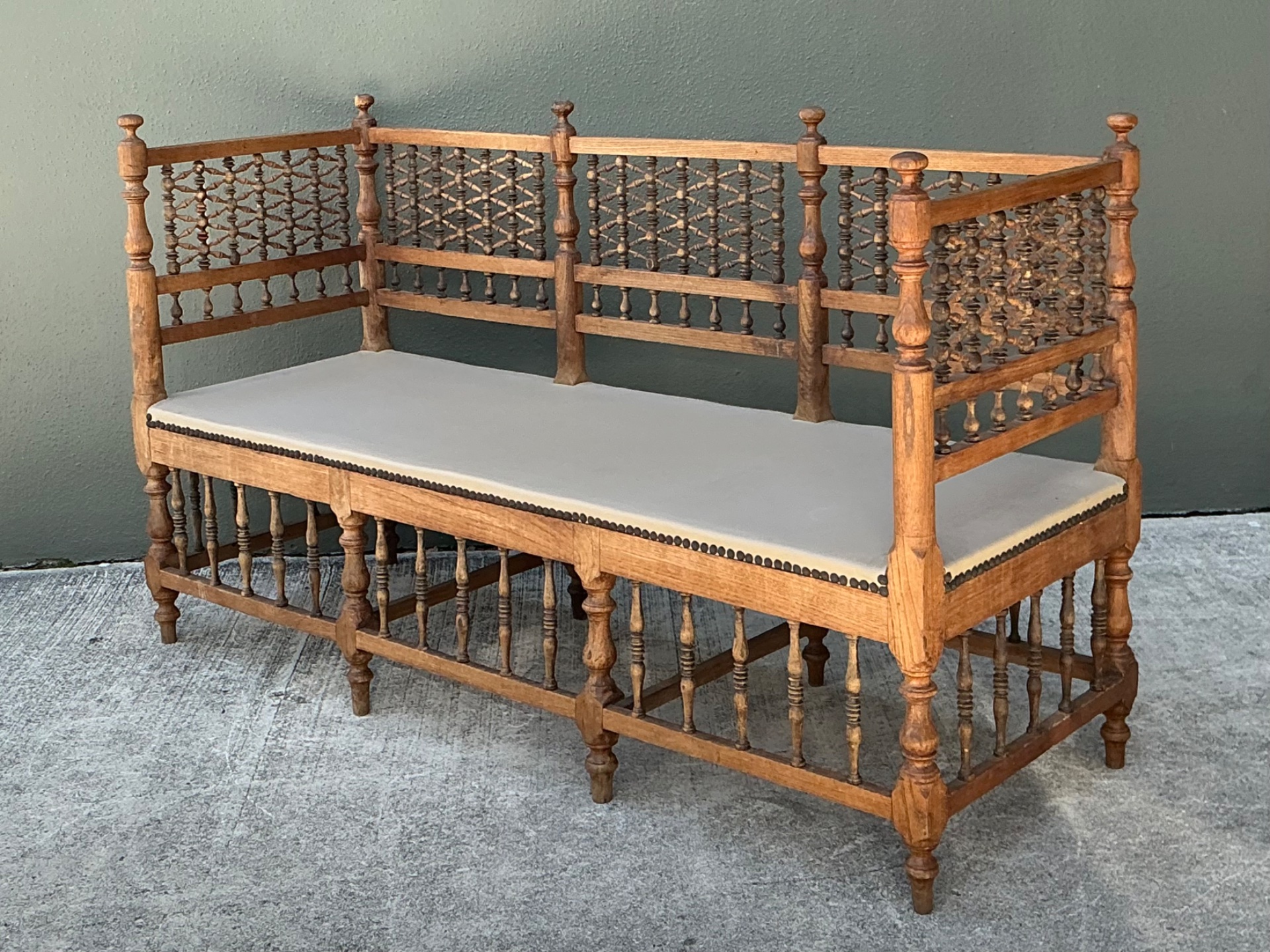 Vintage Carved Wood Spindle Bench - Top view