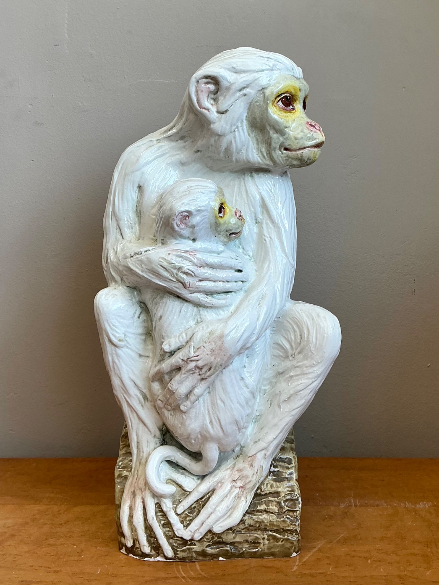 Vintage Italian Glazed Ceramic Monkey And Baby - Side view