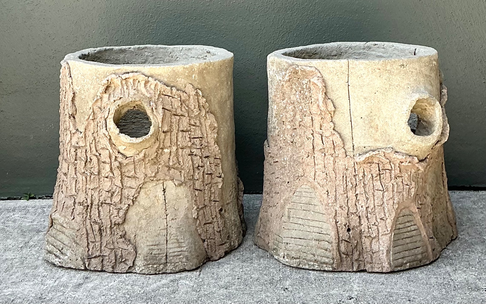 Handcrafted Faux Bois Cement  Planters - A Pair - Back view
