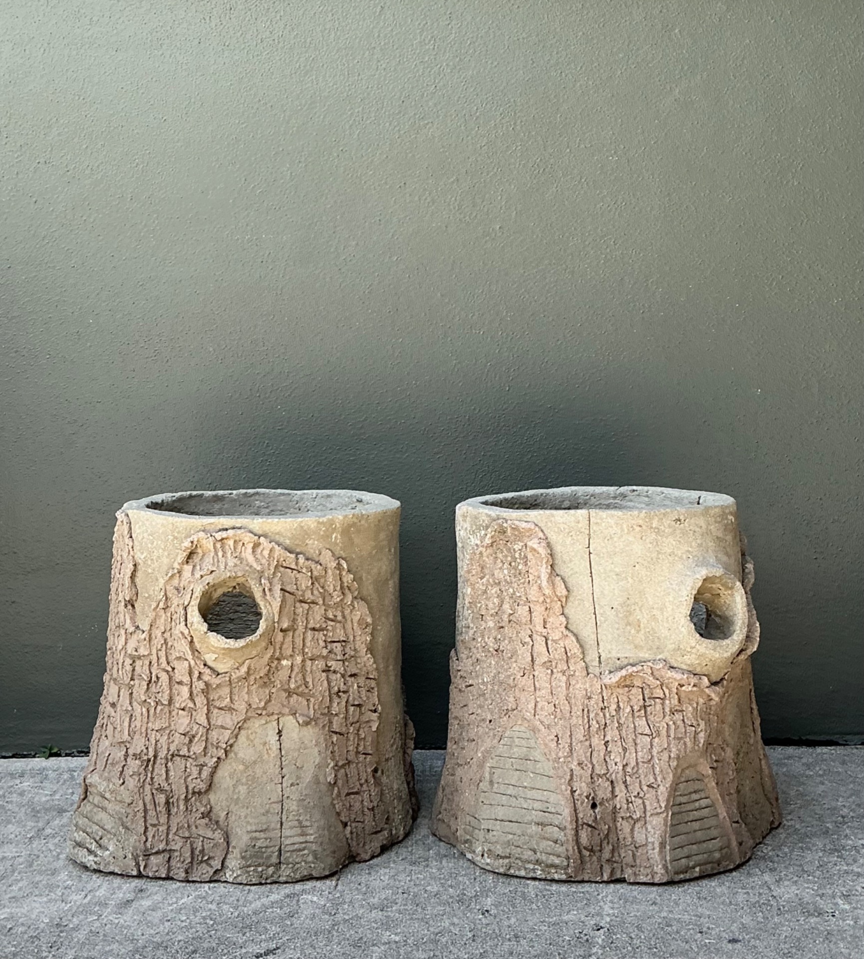 Handcrafted Faux Bois Cement  Planters - A Pair - Top view