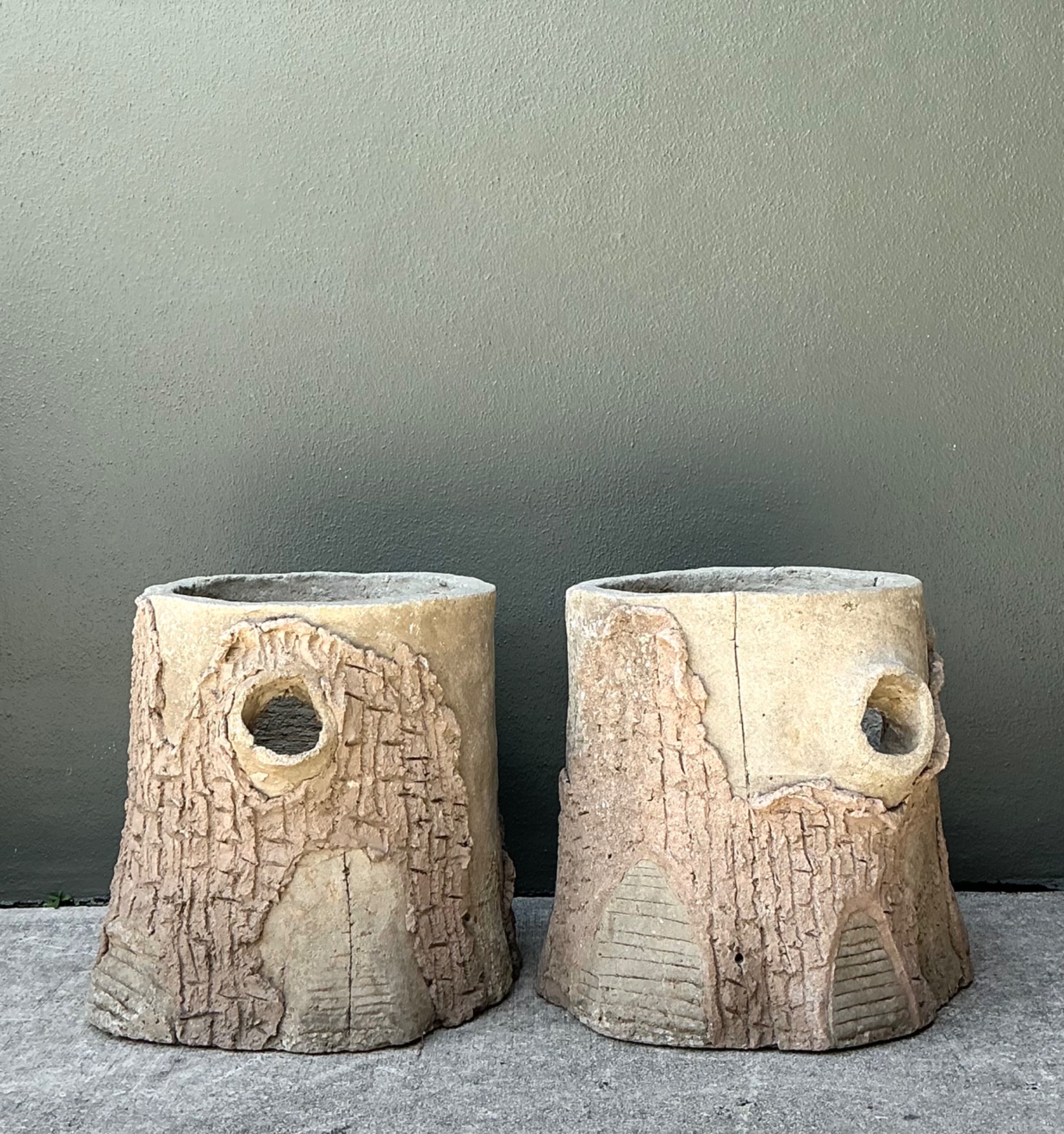 Handcrafted Faux Bois Cement  Planters - A Pair - Side view