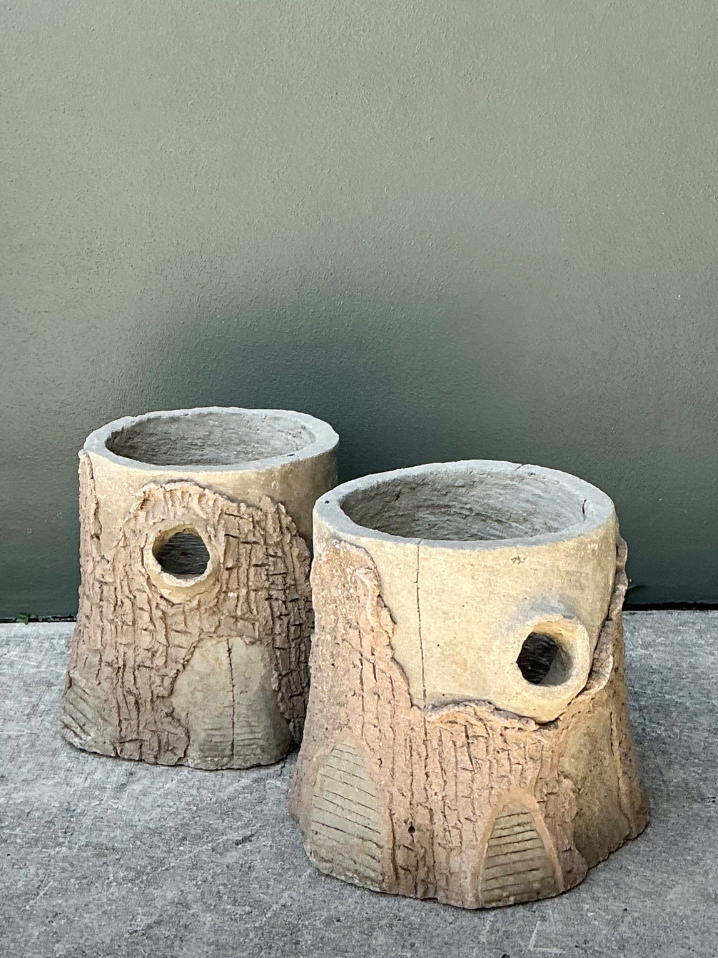 Handcrafted Faux Bois Cement  Planters - A Pair - Detail view